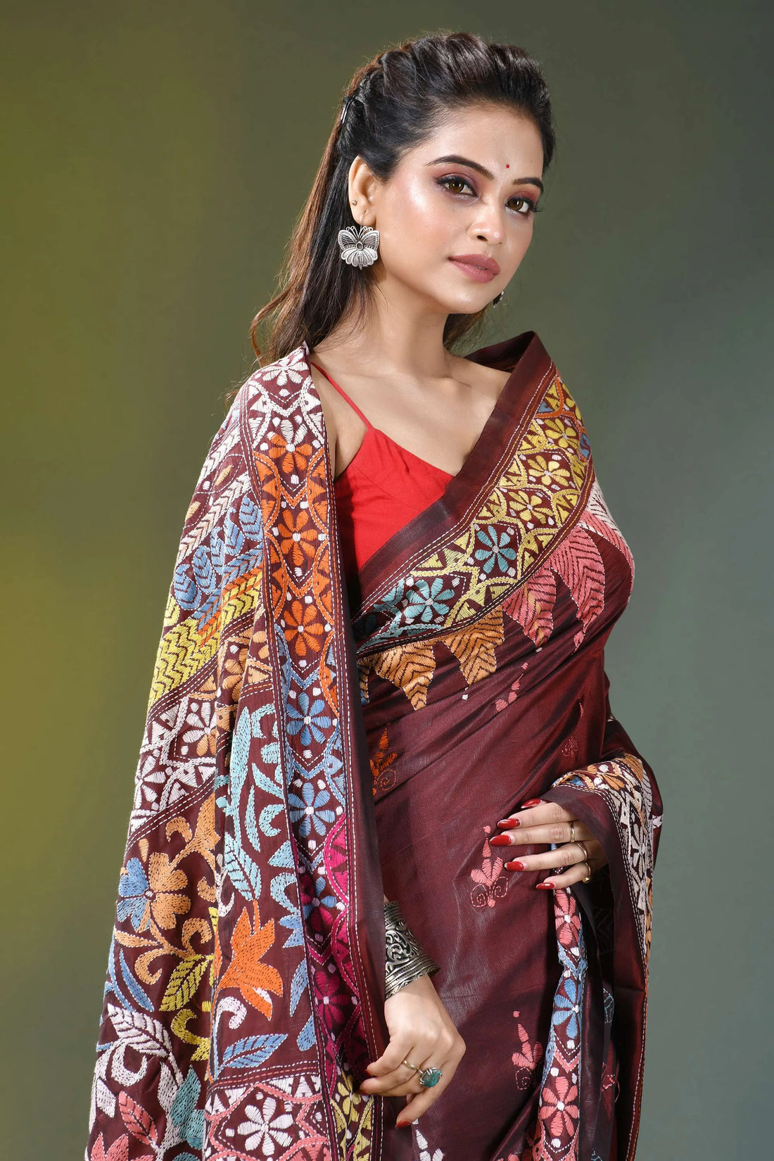 Brown multi-thread floral kantha stitch silk saree maroon silk saree intricate multicolored 2