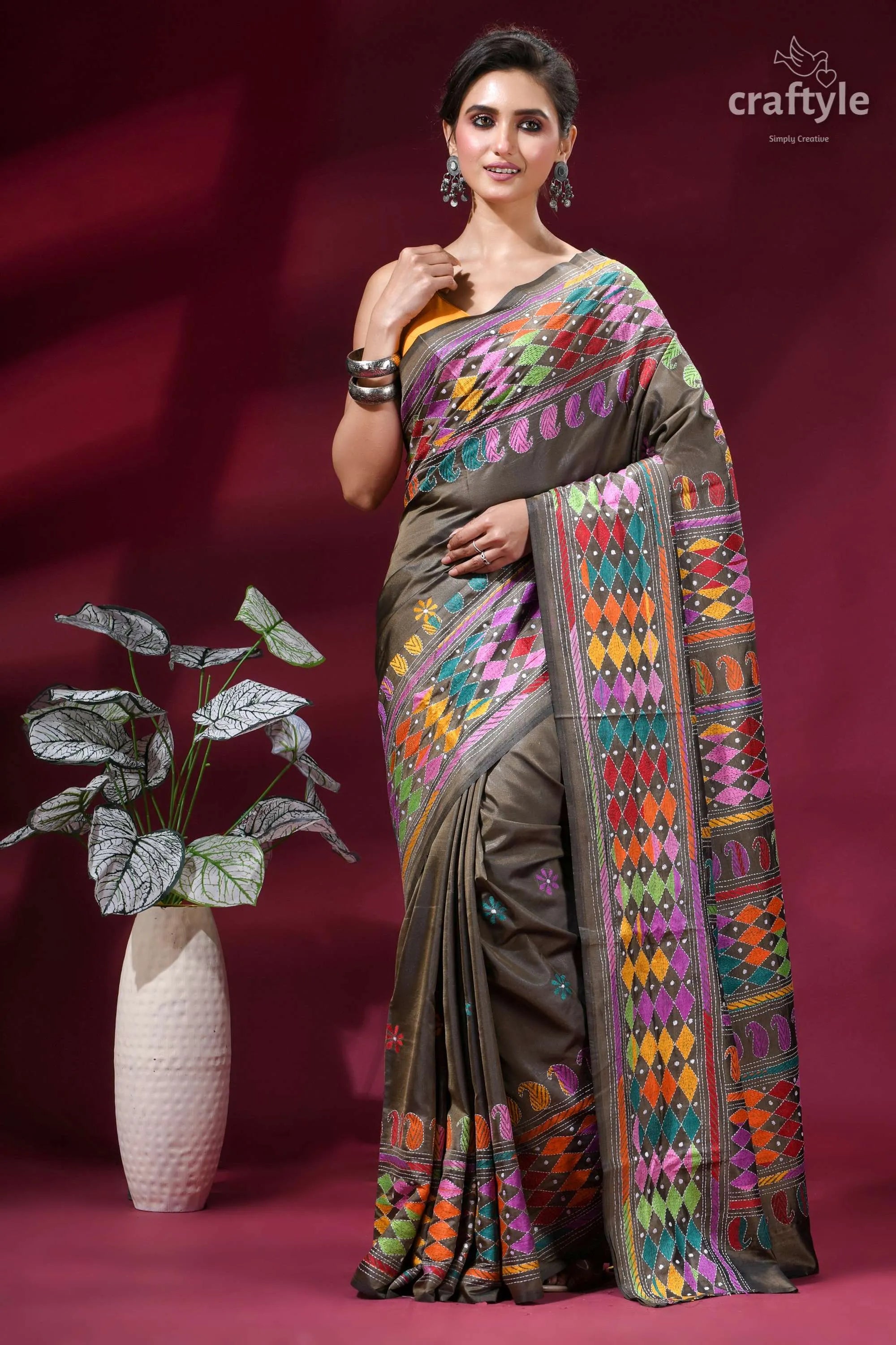 Brownish grey exquisite multi-thread kantha silk saree vibrant intricately embroidered brown saree 7