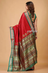 Burgundy bomkai silk saree with zari and meenakari accents red green silk saree 5