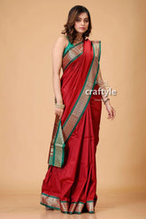 Burgundy bomkai silk saree with zari and meenakari accents maroon saree green gold border 4