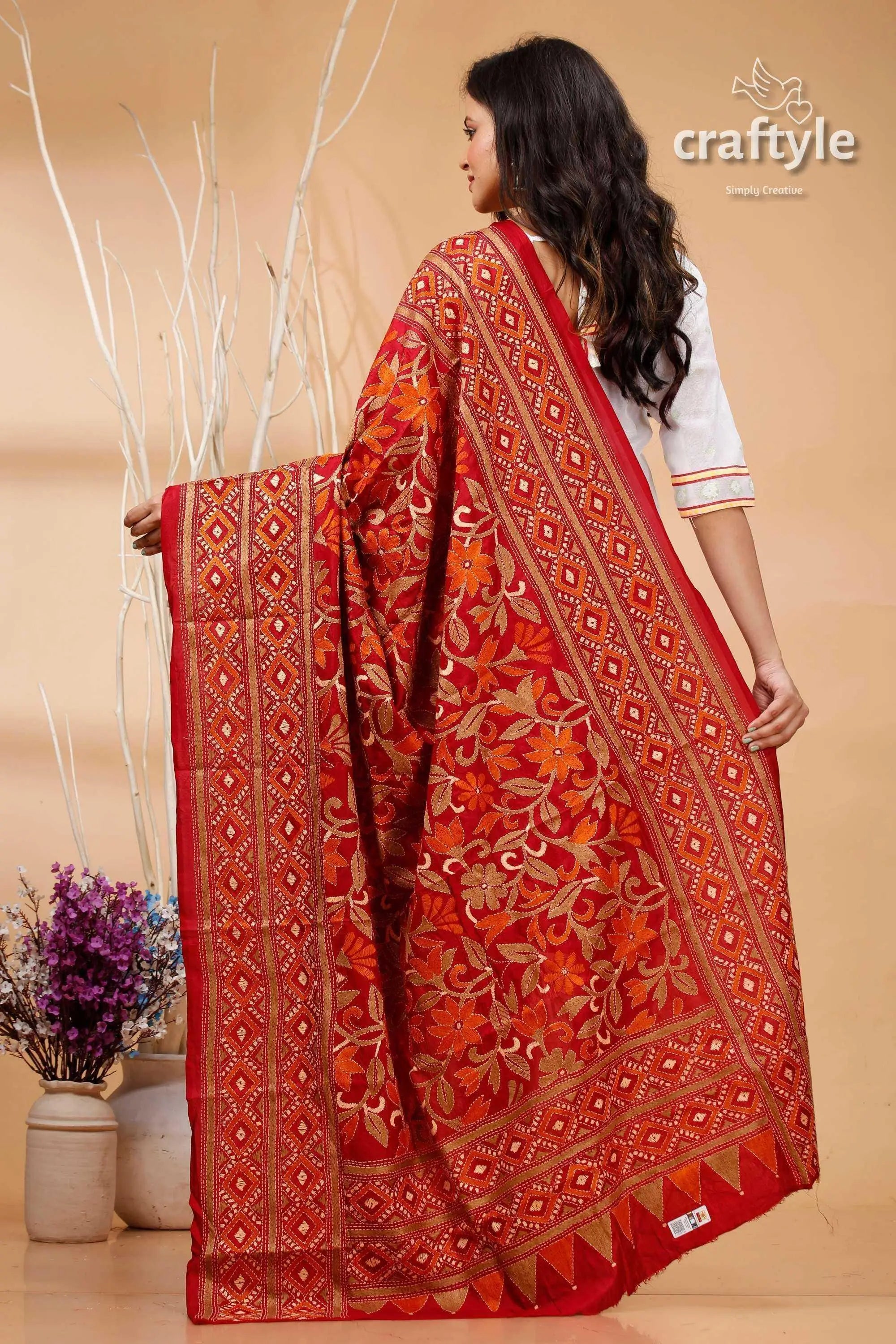 Burgundy pure silk dupatta with floral kantha embroidery red gold embroidered saree intricate 3
