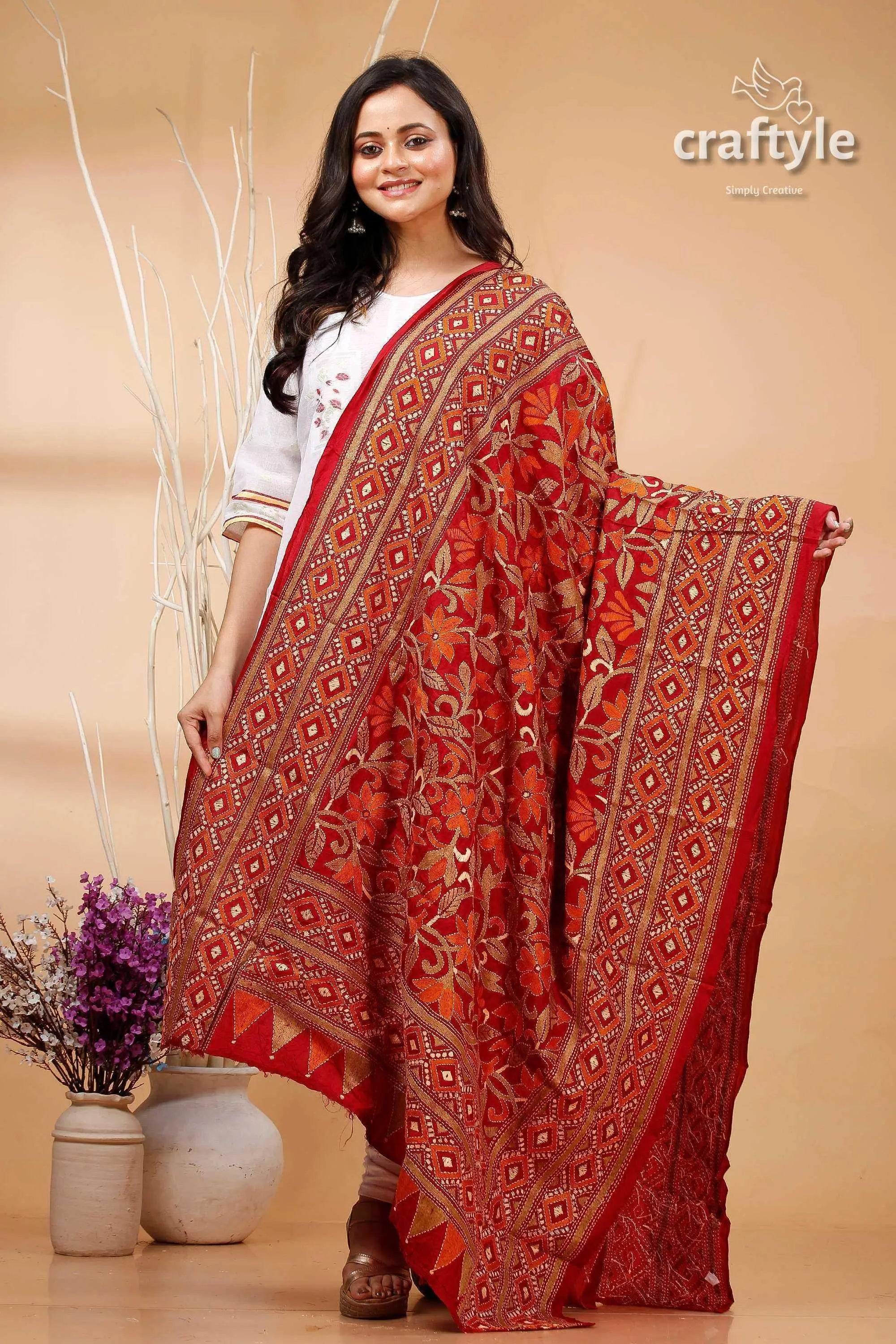 Burgundy pure silk dupatta with floral kantha embroidery red gold embroidered saree intricate 1