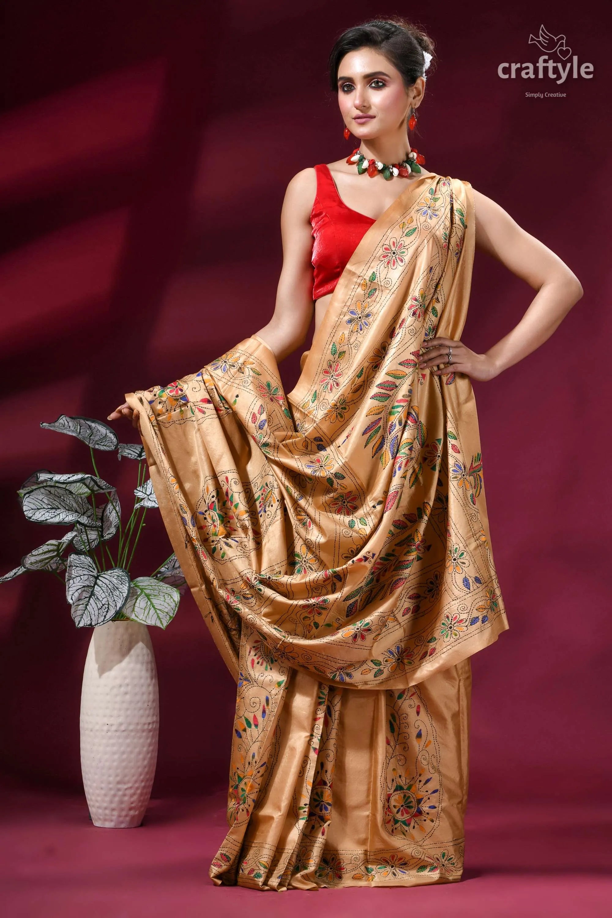 Burly wood ethnic design silk kantha stitch saree golden silk saree intricate floral 5