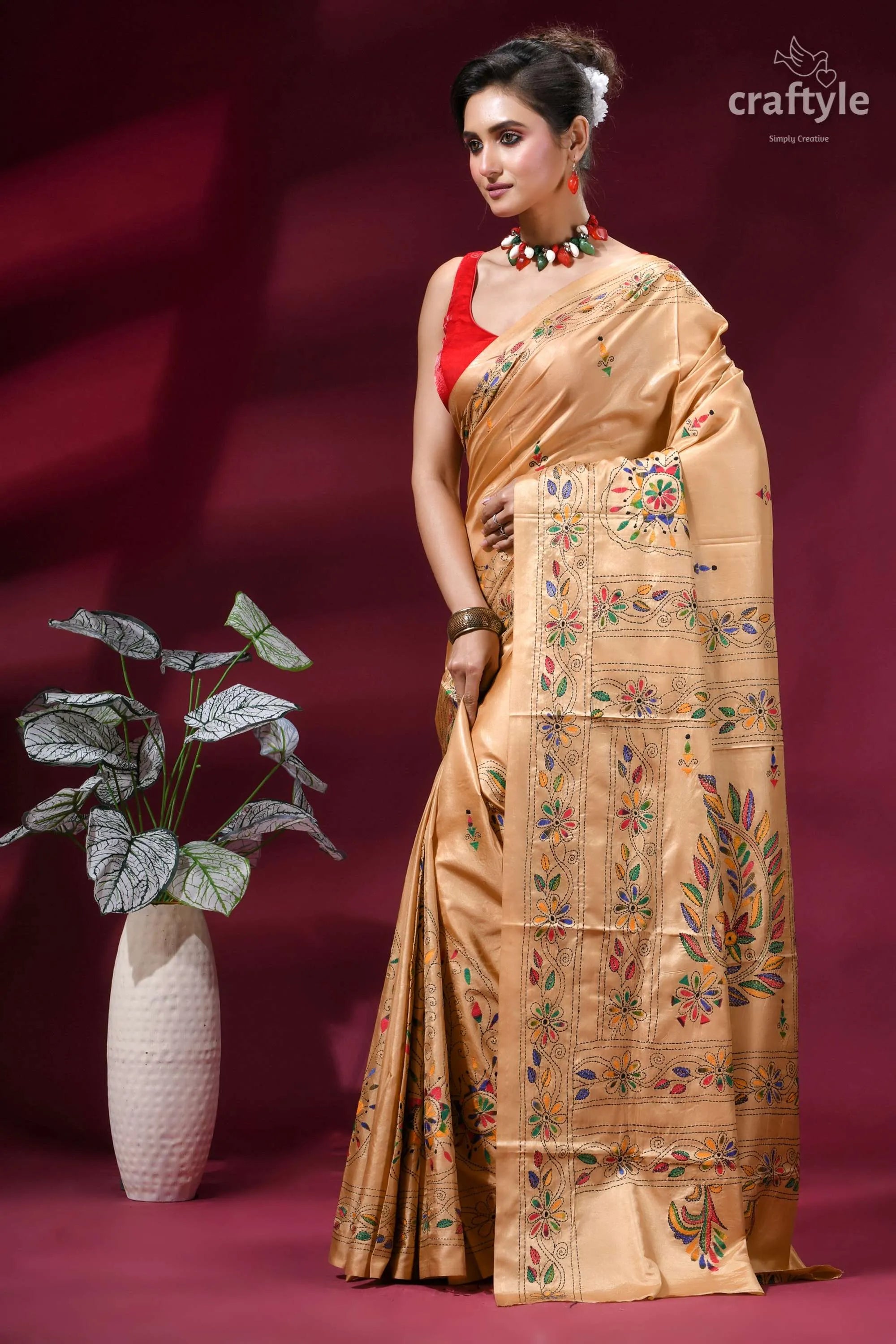 Burly wood ethnic design silk kantha stitch saree woman wears golden silk saree 3