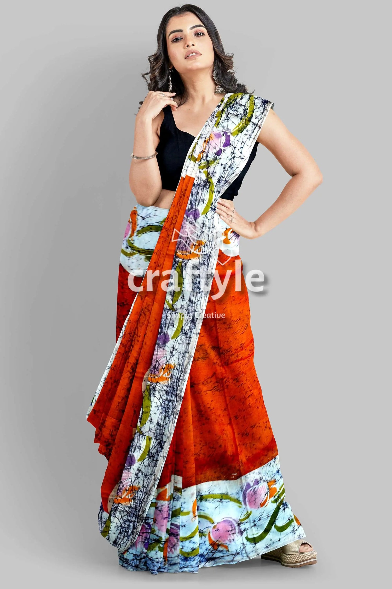 Burning orange hand batik pure mulberry silk saree - woman orange floral saree 3