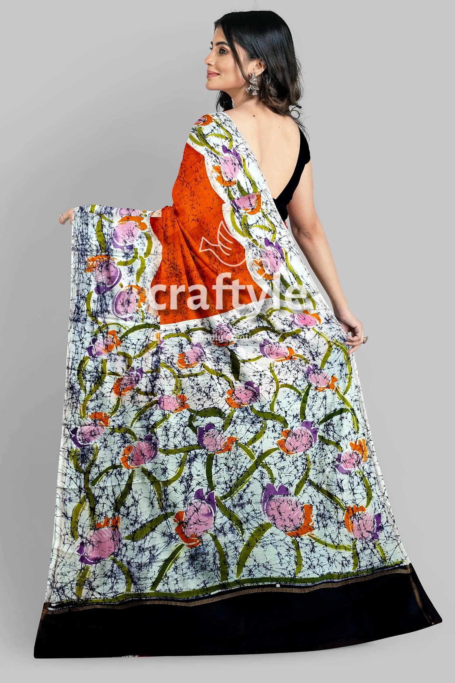 Burning orange hand batik pure mulberry silk saree - floral batik saree 6