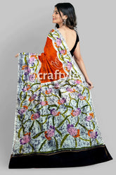 Burning orange hand batik pure mulberry silk saree - floral batik saree 6