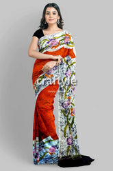 Burning orange hand batik pure mulberry silk saree - floral batik saree 5