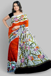 Burning orange hand batik pure mulberry silk saree - woman orange floral saree 2