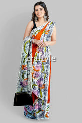 Burning orange hand batik pure mulberry silk saree - woman floral print saree 1