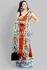 Burning orange hand batik pure mulberry silk saree - woman orange white floral saree 4