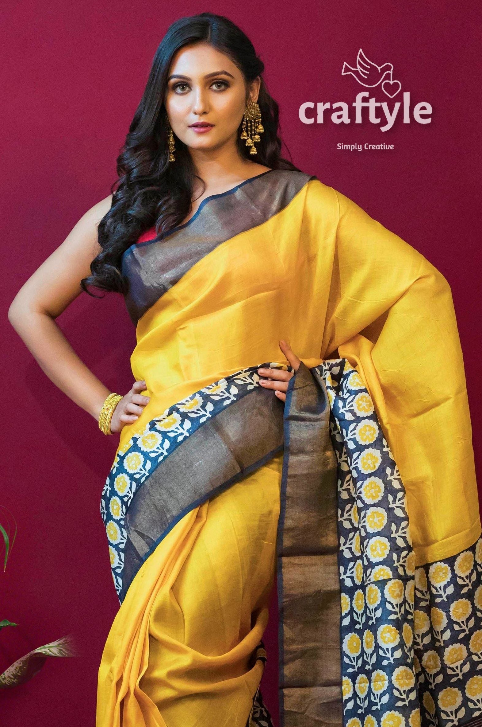 Butter Yellow Hand Block Print Zari Pure Pure Tussar Silk Saree - Craftyle