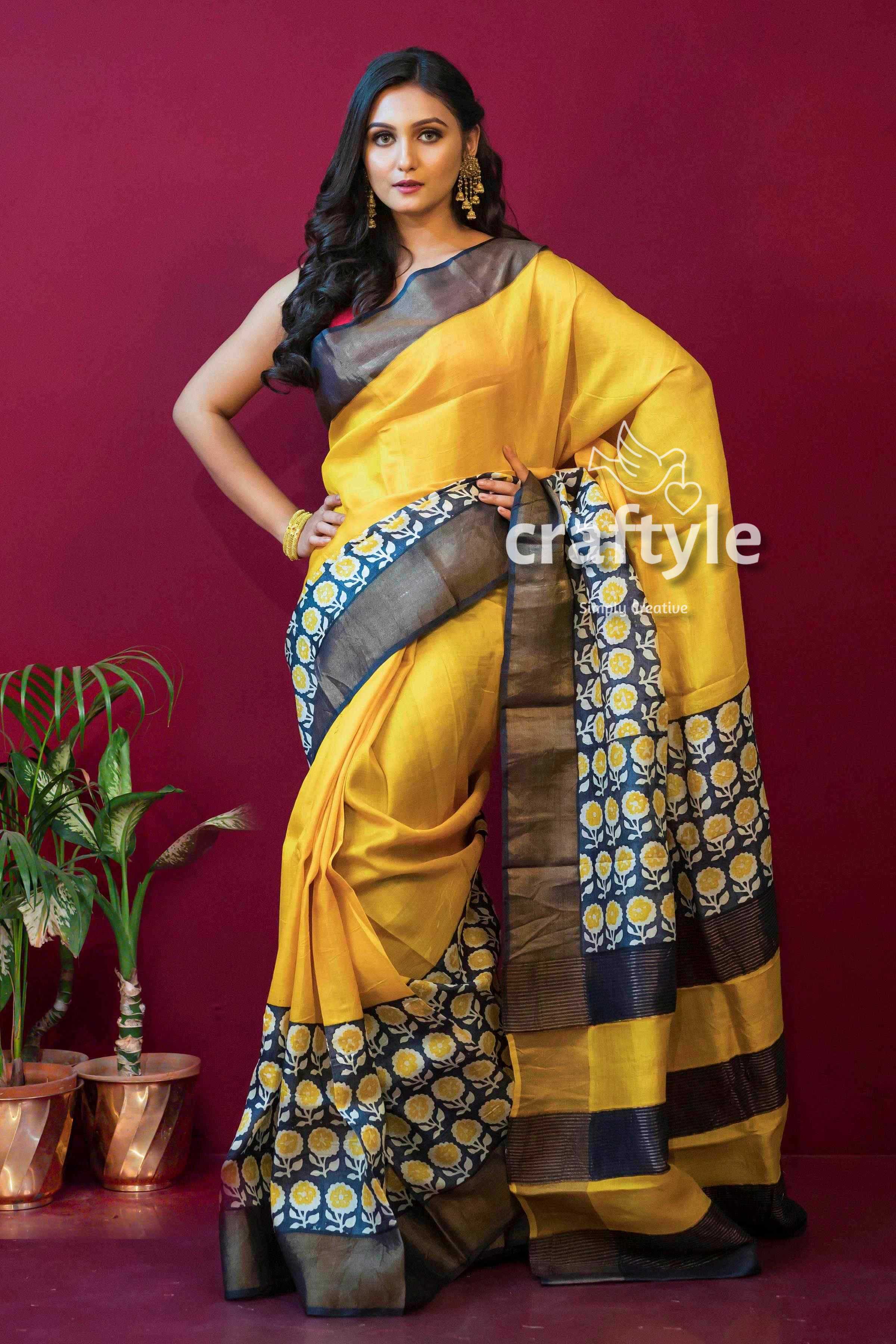 Butter Yellow Hand Block Print Zari Pure Pure Tussar Silk Saree - Craftyle