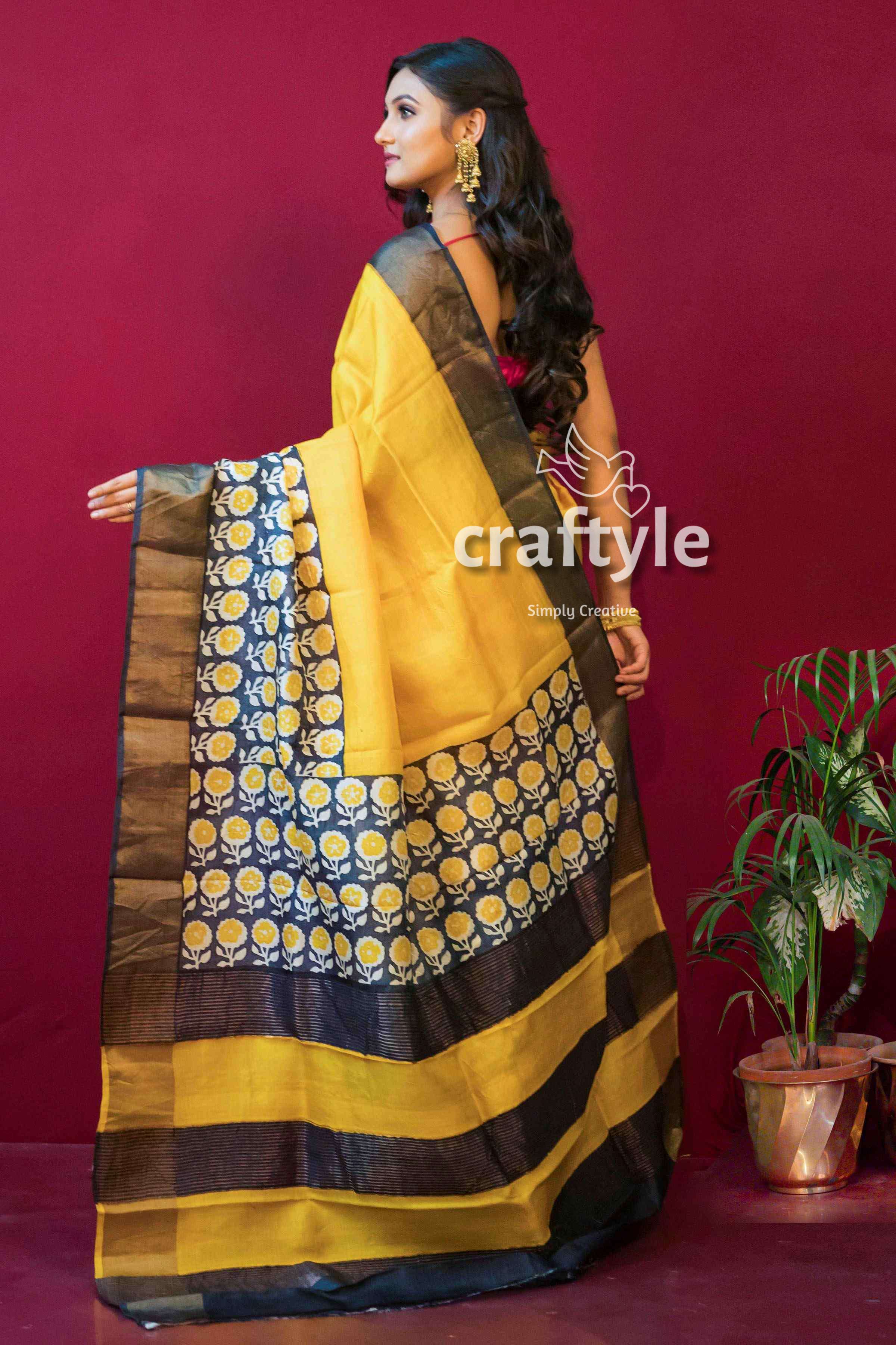 Butter Yellow Hand Block Print Zari Pure Pure Tussar Silk Saree - Craftyle