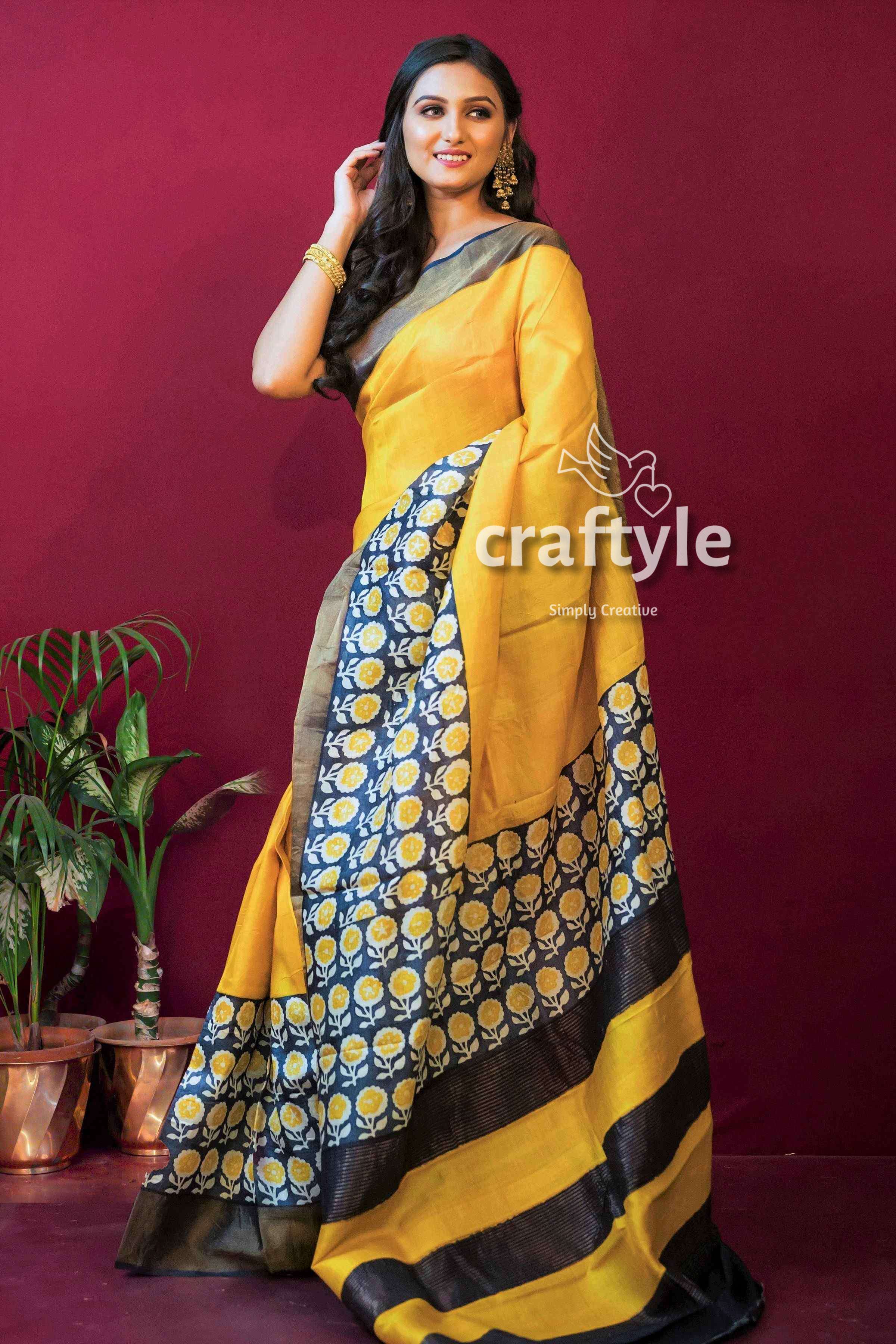 Butter Yellow Hand Block Print Zari Pure Pure Tussar Silk Saree - Craftyle