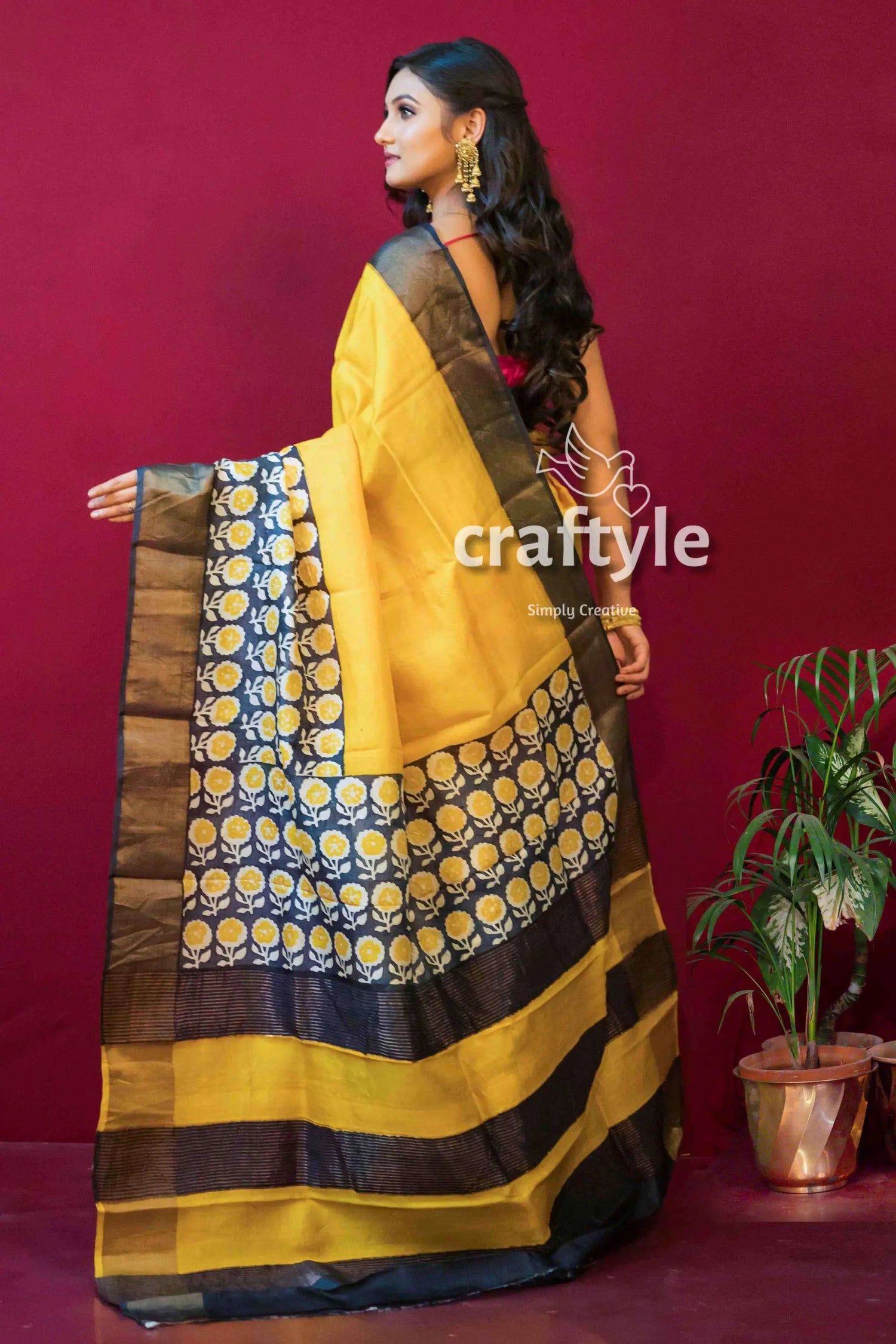 Butter yellow hand block print zari pure tussar silk saree yellow black patterned saree 4