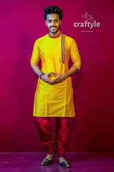 Butter yellow mens kurta pajama with weave work man yellow kurta red pants 5