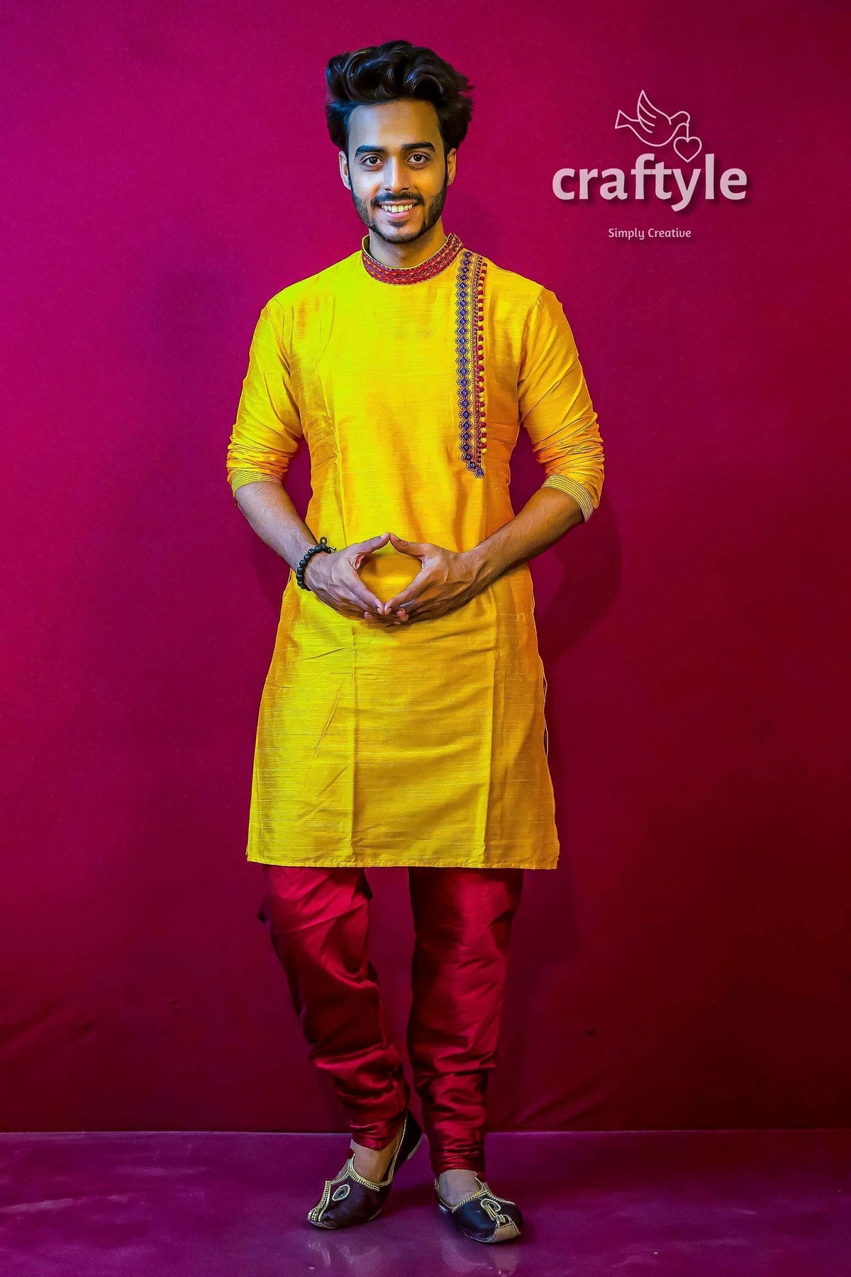 Butter yellow mens kurta pajama with weave work man red pants 5