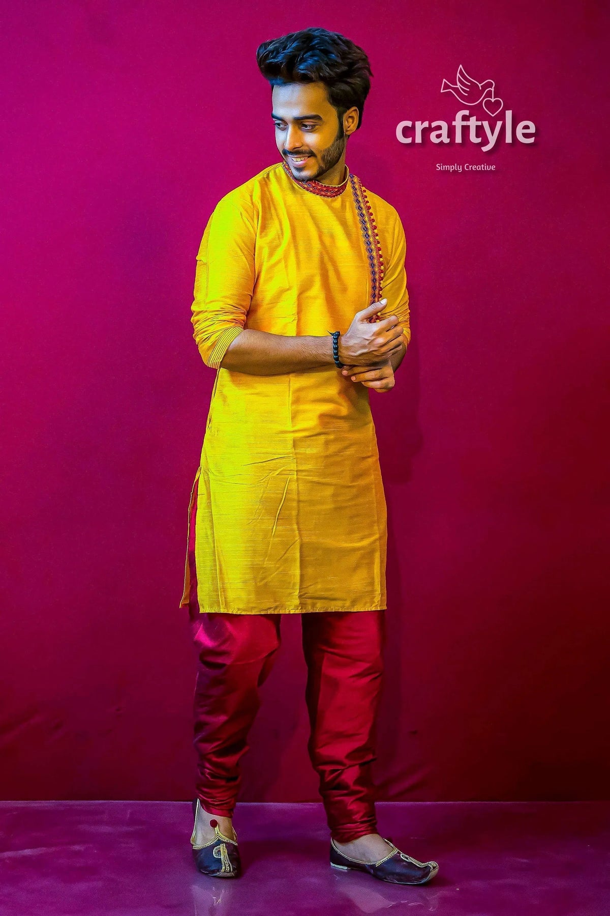 Butter yellow mens kurta pajama with weave work man red pants 4