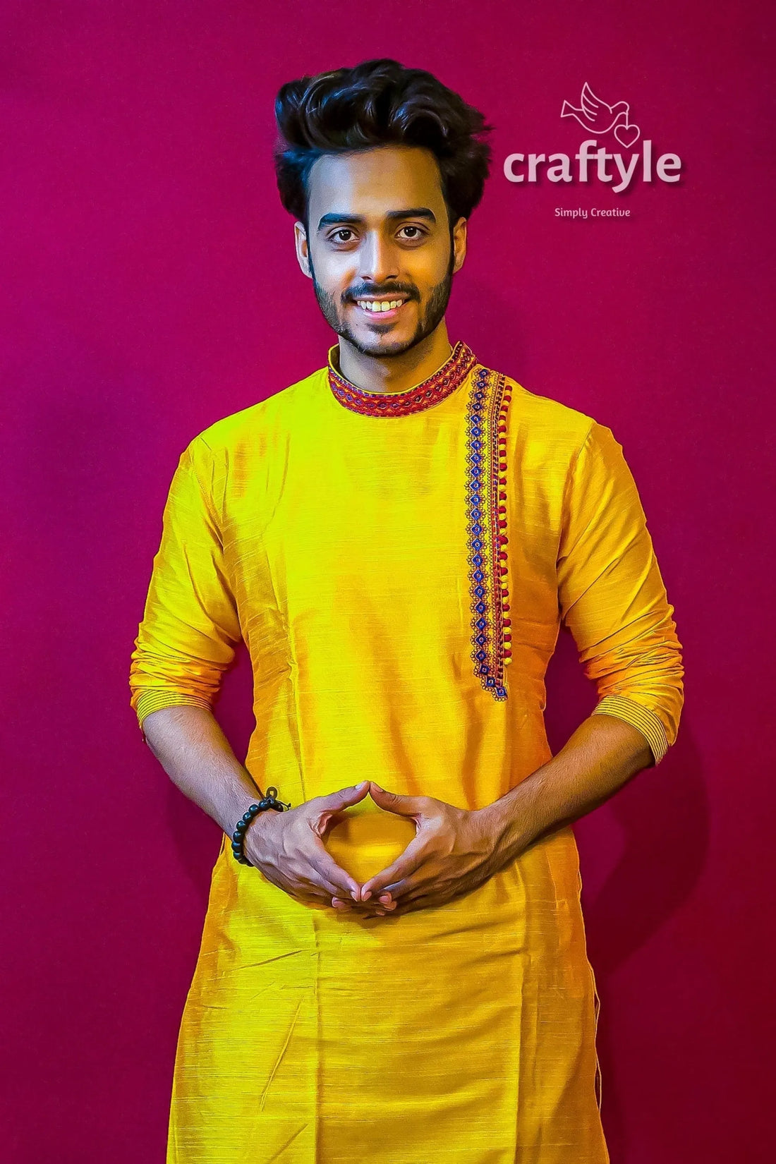 Butter yellow mens kurta pajama with weave work embroidered 2