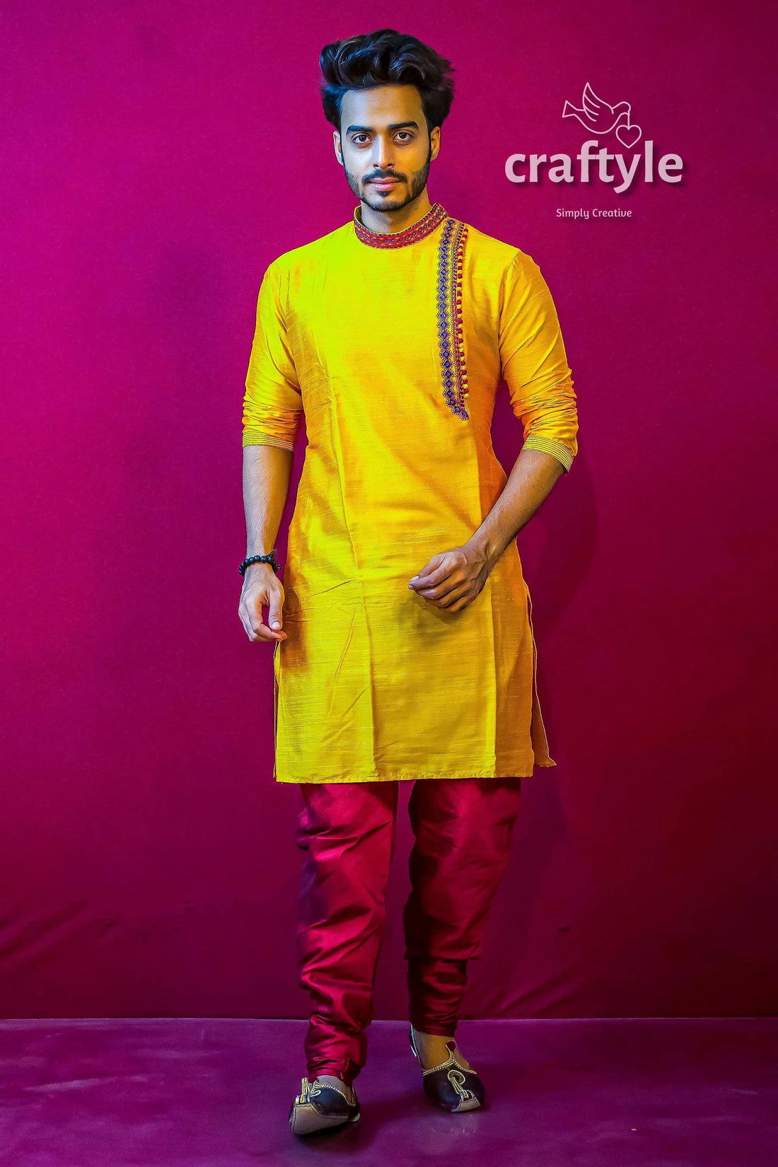 Butter yellow mens kurta pajama with weave work red pants 1