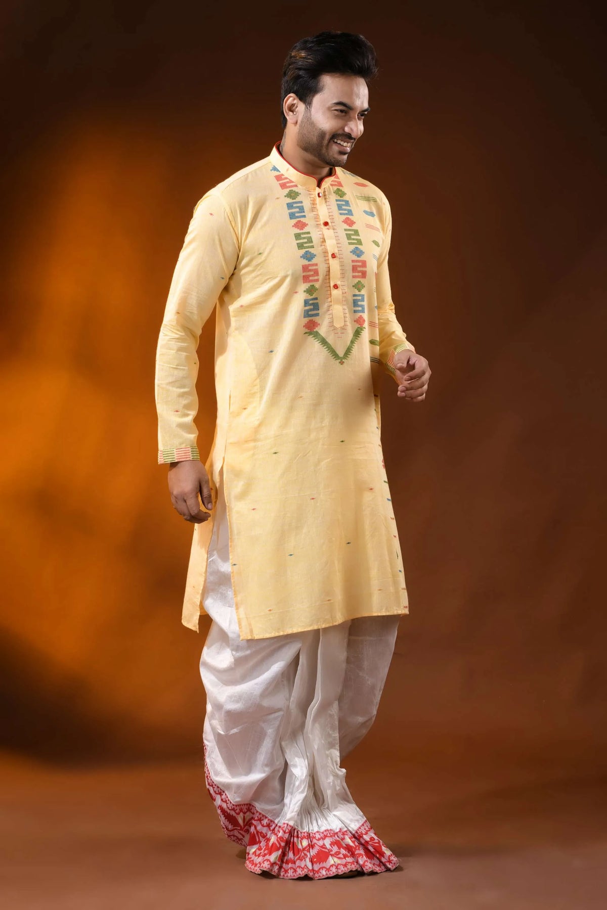 Butter yellow pure cotton jamdani kurta for men - multicolor design 4