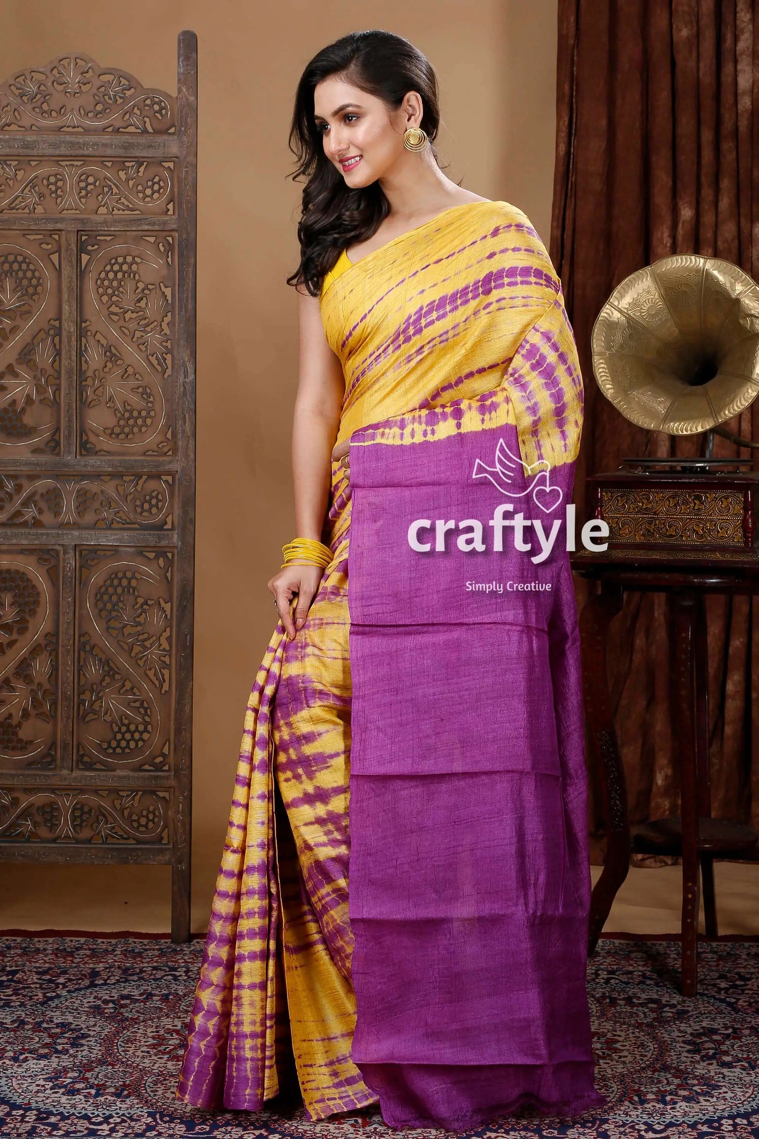 Butter yellow shibori pure tussar silk saree yellow purple tie-dye saree 3