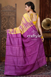 Butter yellow shibori pure tussar silk saree yellow purple tie-dye saree 4