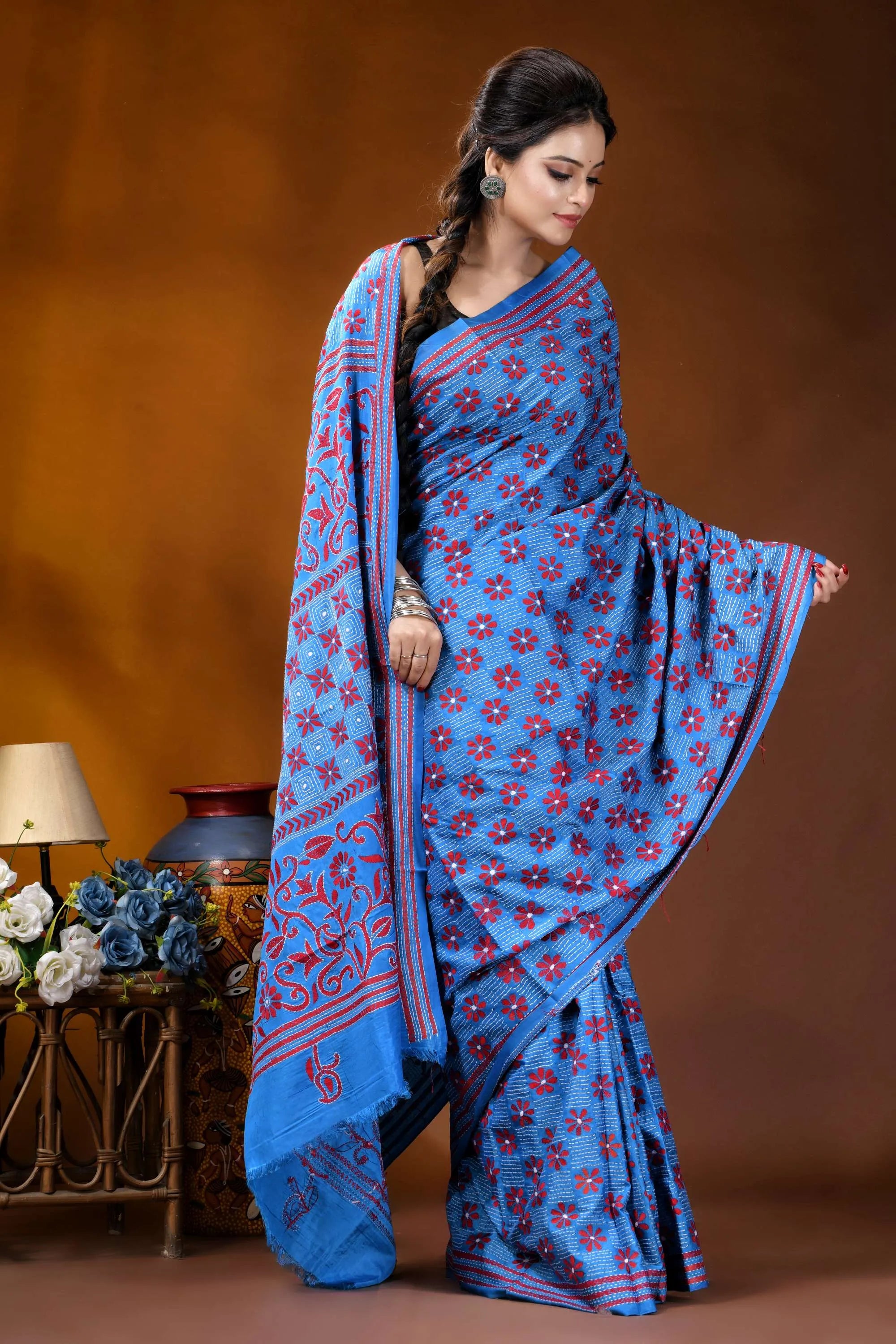 Butterfly blue silk kantha stitch saree with red thread floral motif vibrant blue saree adorned intricate 4
