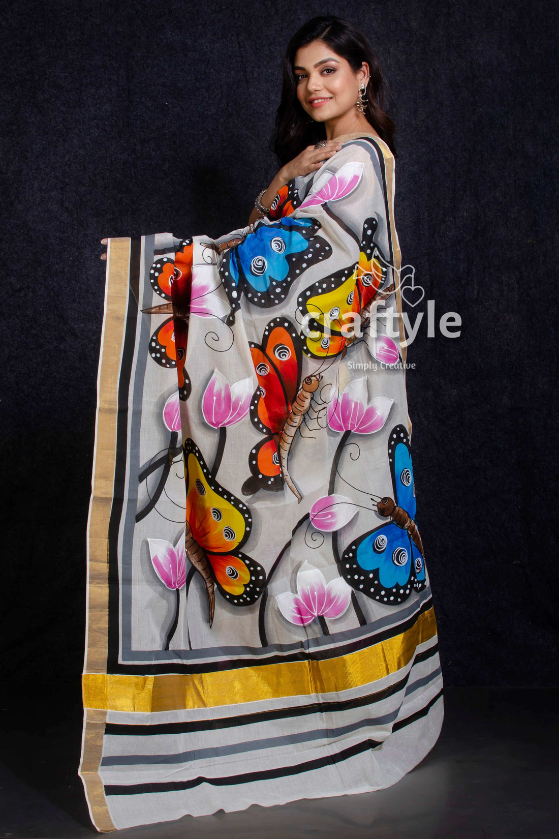 Butterfly Design Kerala Cotton Saree-Craftyle