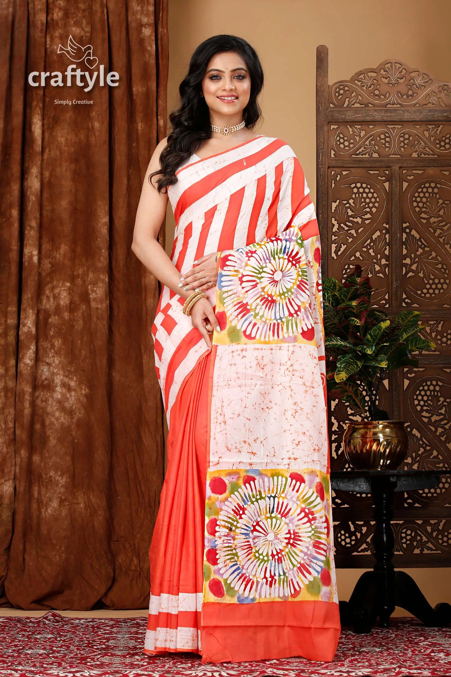 Butterfly painted stylish hand batik pure cotton saree woman striped patterned saree 1