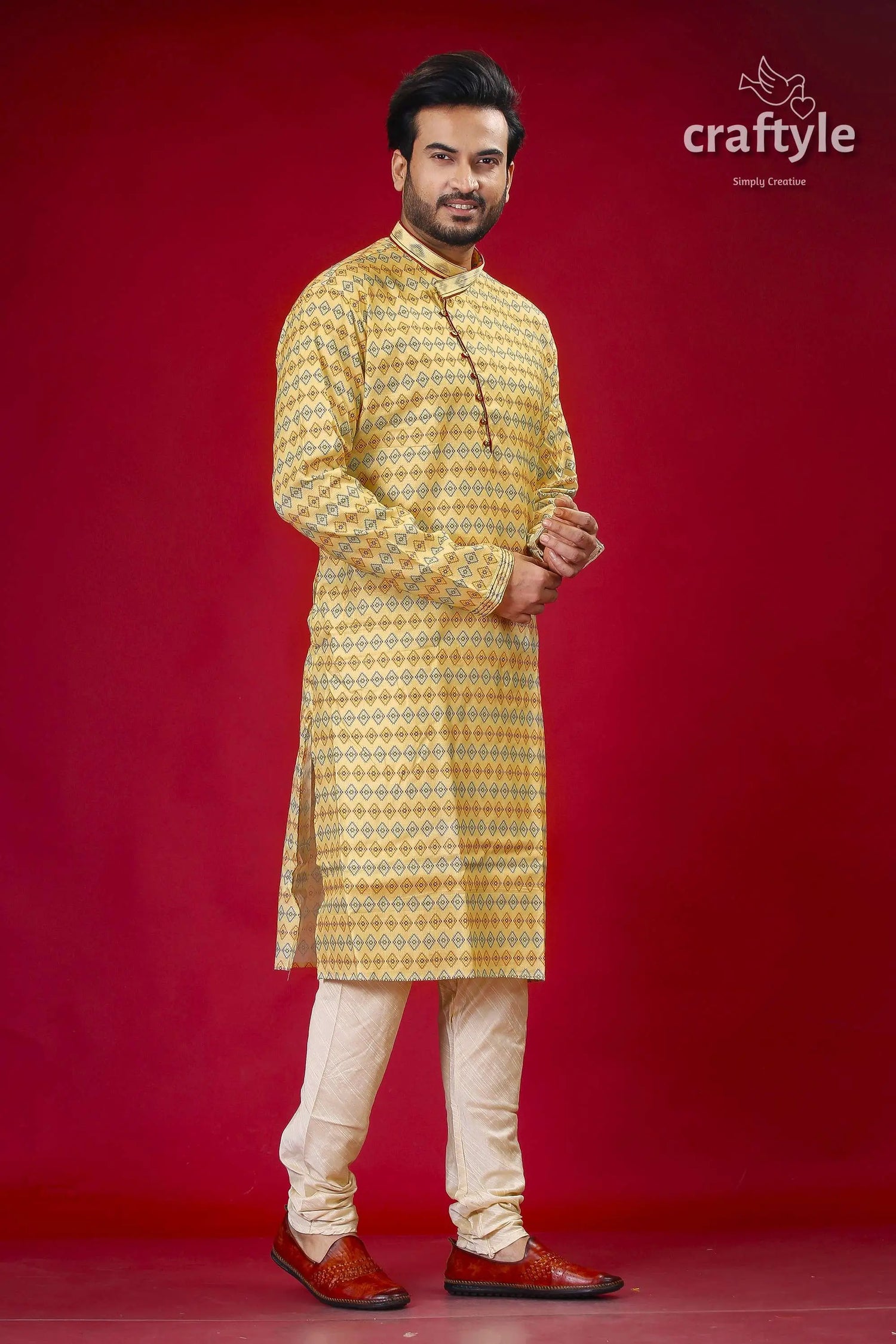 Buttermilk yellow silk punjabi for men designer ethnic wear man patterned kurta pajama 3