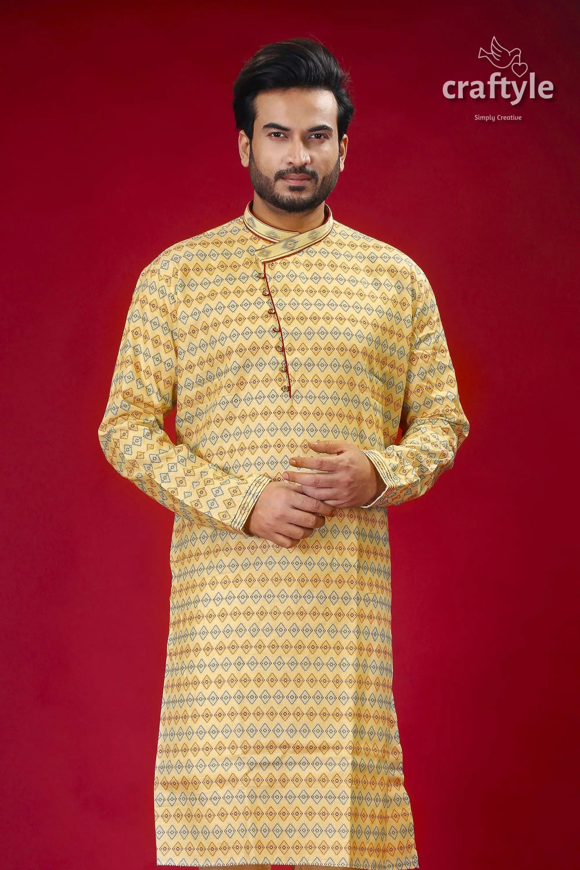 Buttermilk yellow silk punjabi for men - designer ethnic wear patterned yellow kurta 2