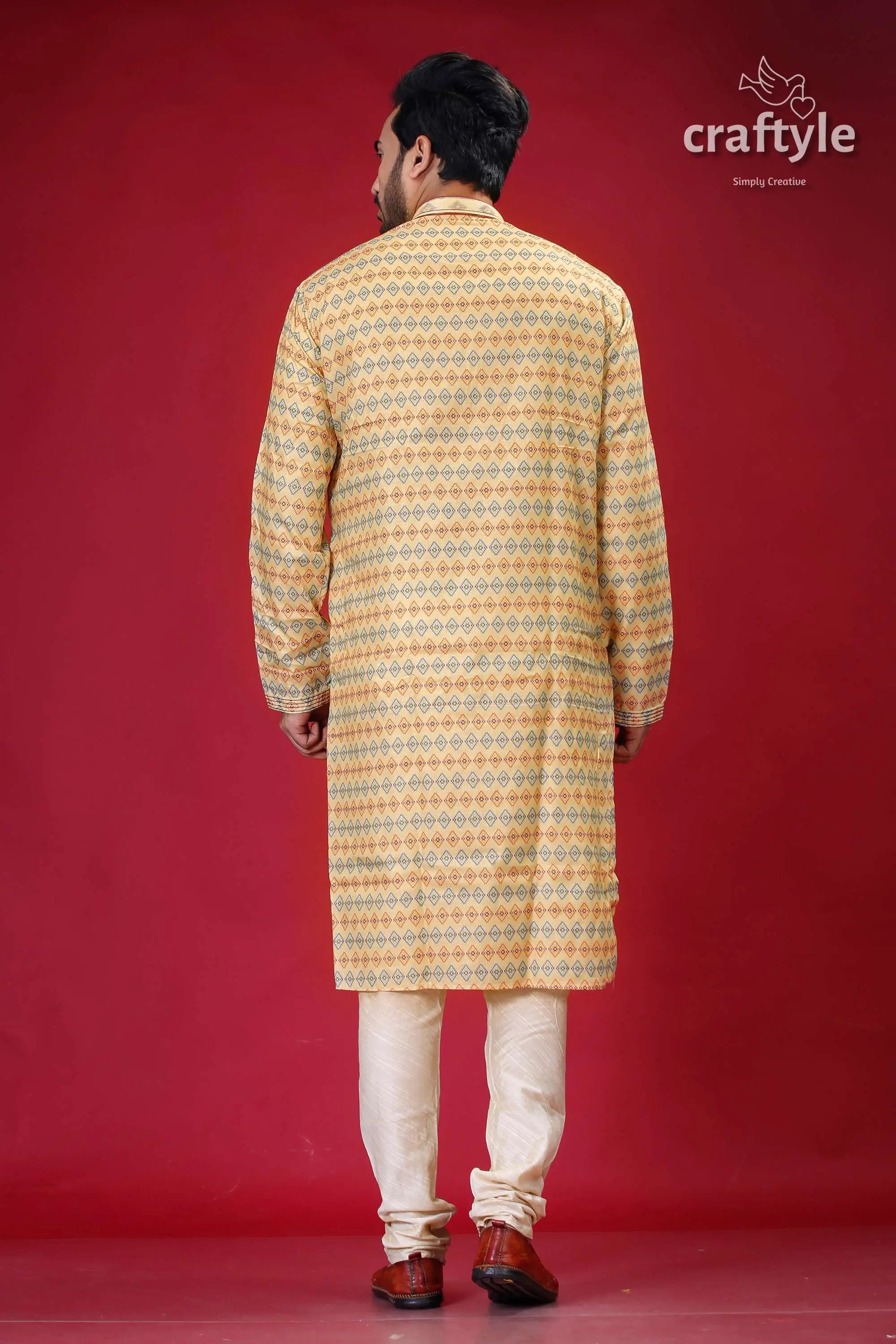 Buttermilk yellow silk punjabi for men - designer ethnic wear man patterned kurta pants 5