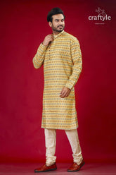 Buttermilk yellow silk punjabi for men designer ethnic wear man patterned kurta pants 4