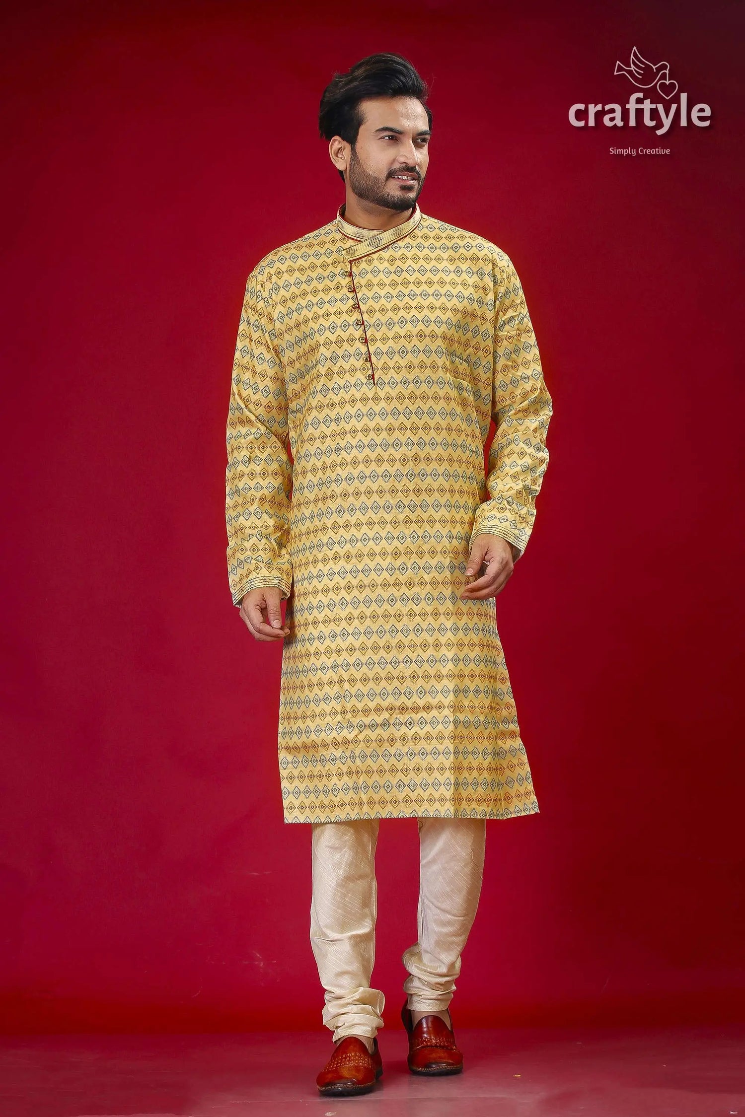 Buttermilk yellow silk punjabi for men designer ethnic wear man patterned kurta churidar 1