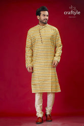Buttermilk yellow silk punjabi for men designer ethnic wear man patterned kurta churidar 1