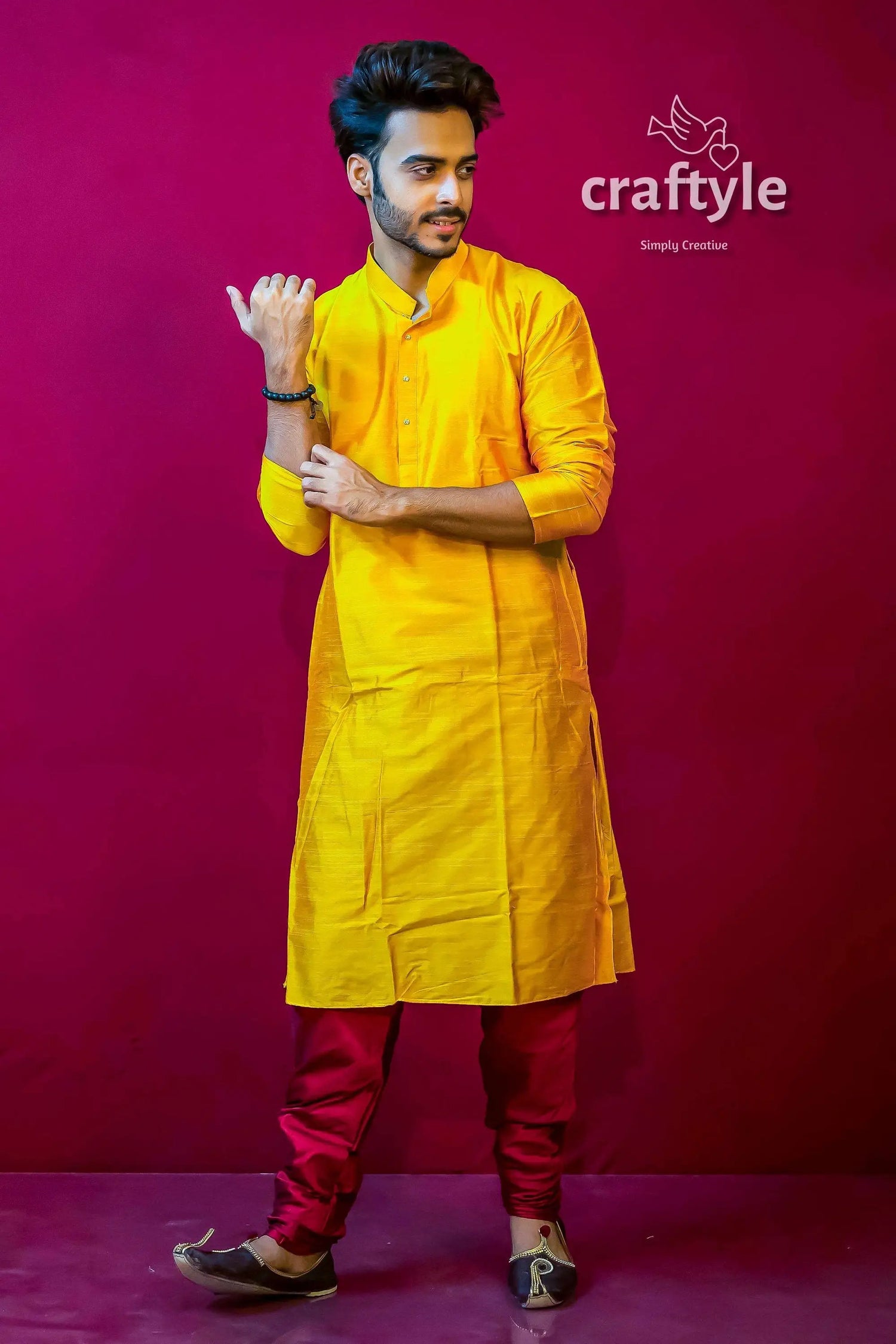 Butterscotch yellow mens silk kurta indian wedding collection man yellow kurta red pants 4