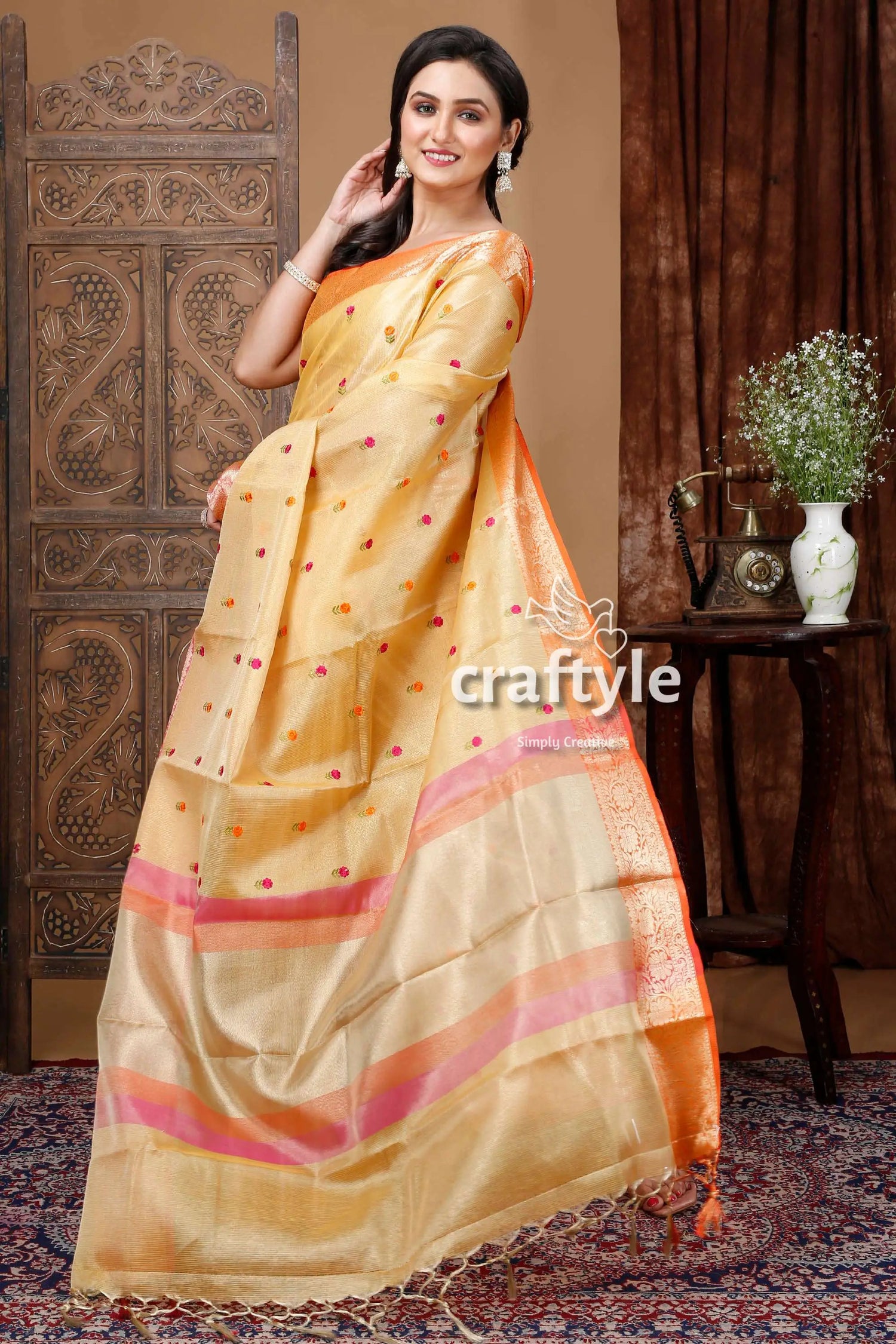 Butterscotch yellow tissue soft silk organza saree woman yellow pink saree 5