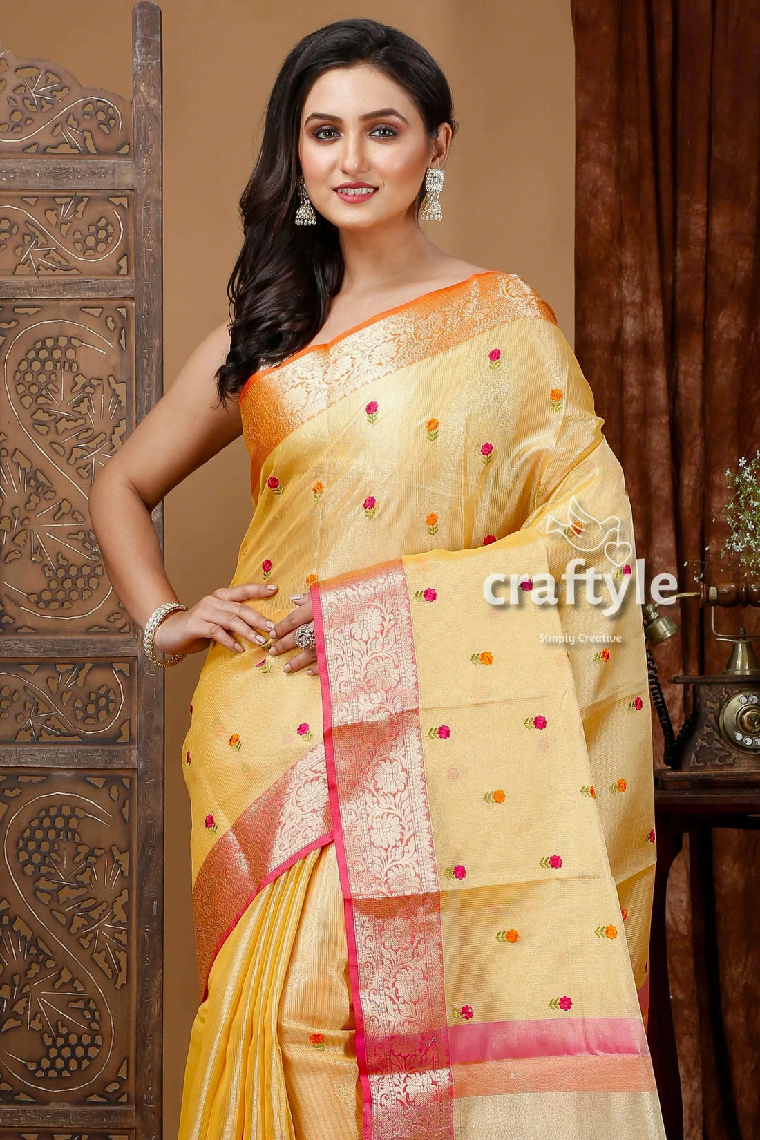 Butterscotch yellow tissue soft silk organza saree woman 2