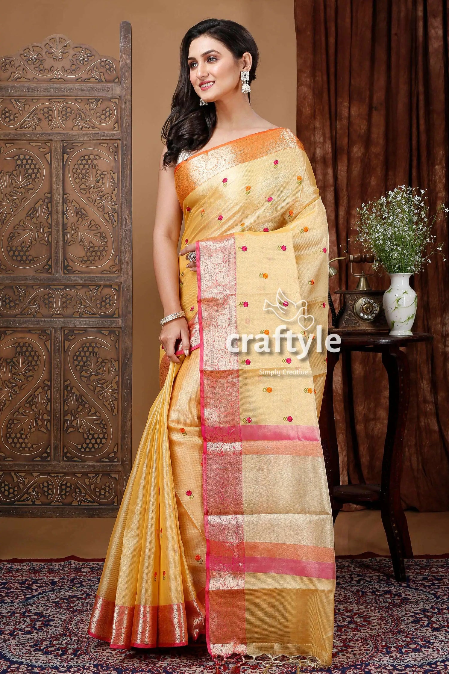 Butterscotch yellow tissue soft silk organza saree elegant yellow saree pink border 3