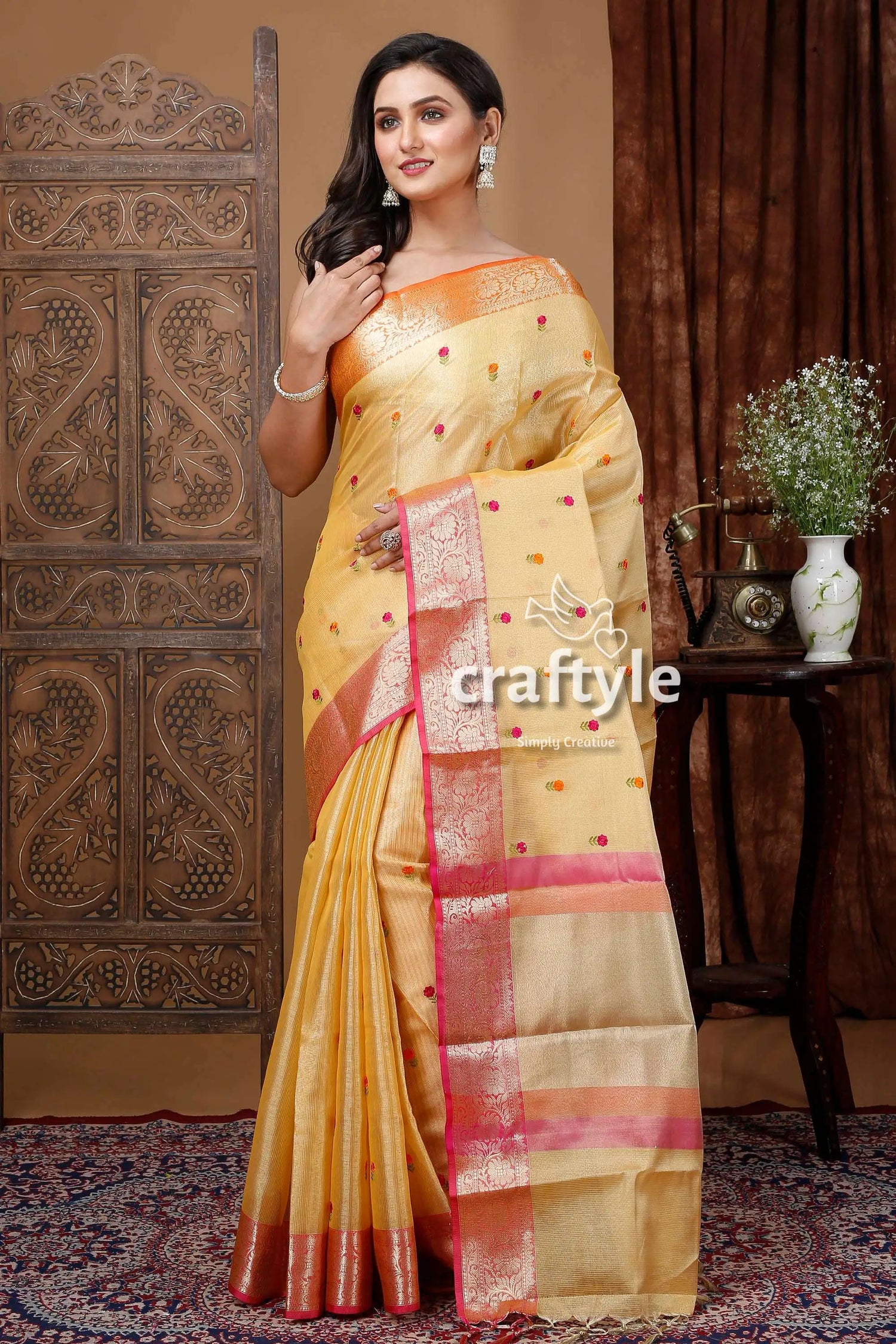Butterscotch yellow tissue soft silk organza saree woman yellow saree pink border 1