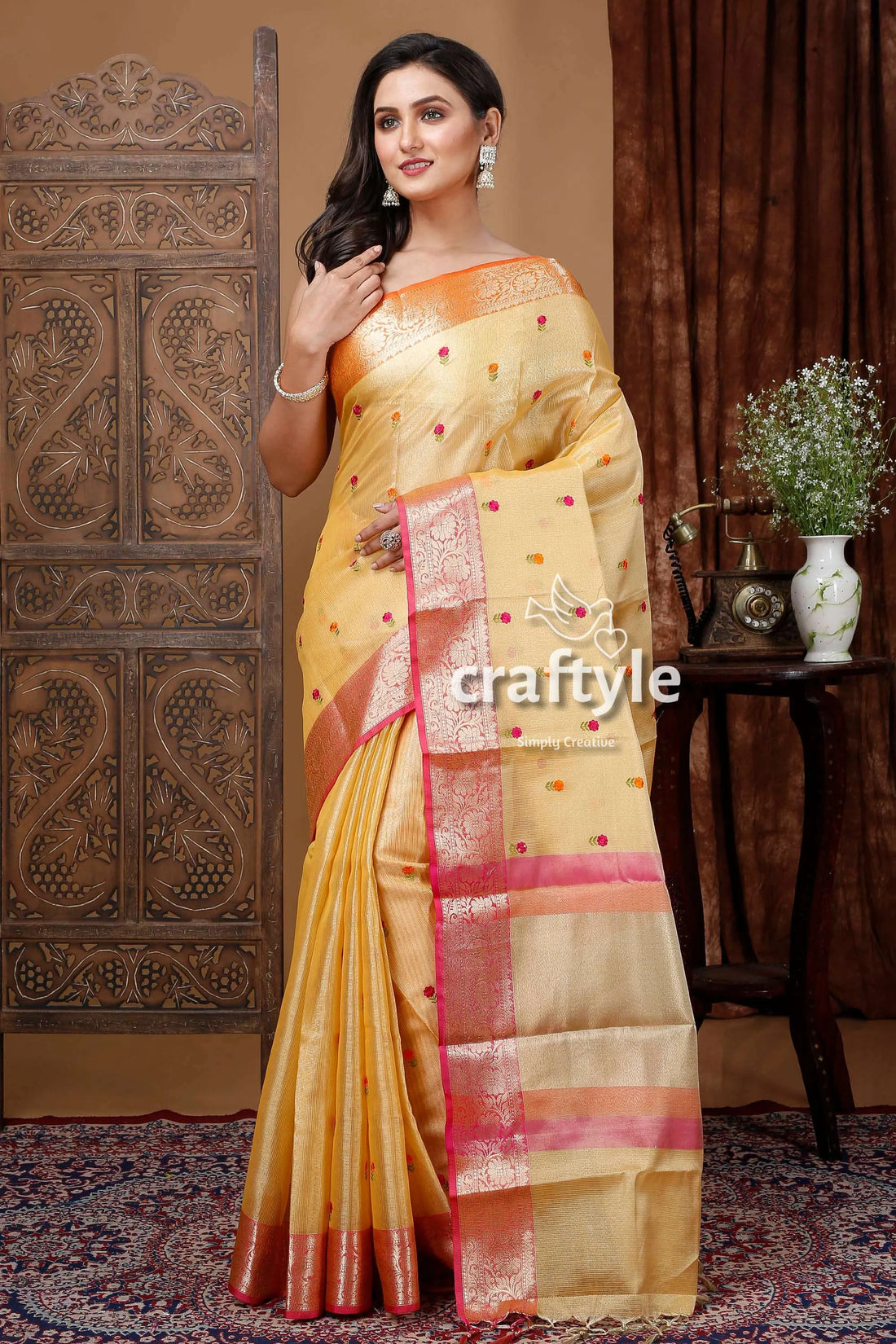 Butterscotch yellow tissue soft silk organza saree woman pink border 1