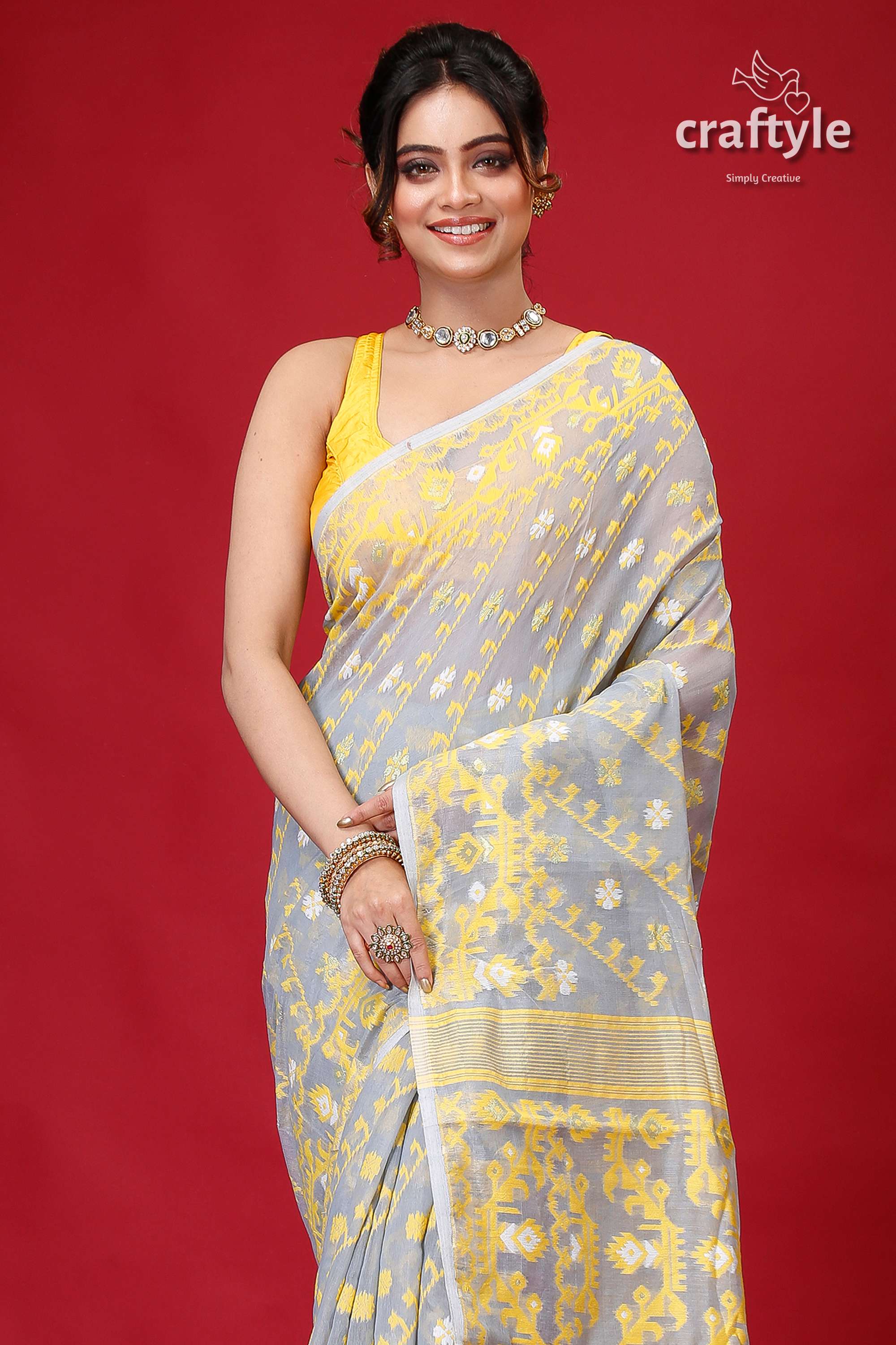 Cadet Grey Festive Soft Jamdani Sari-Craftyle