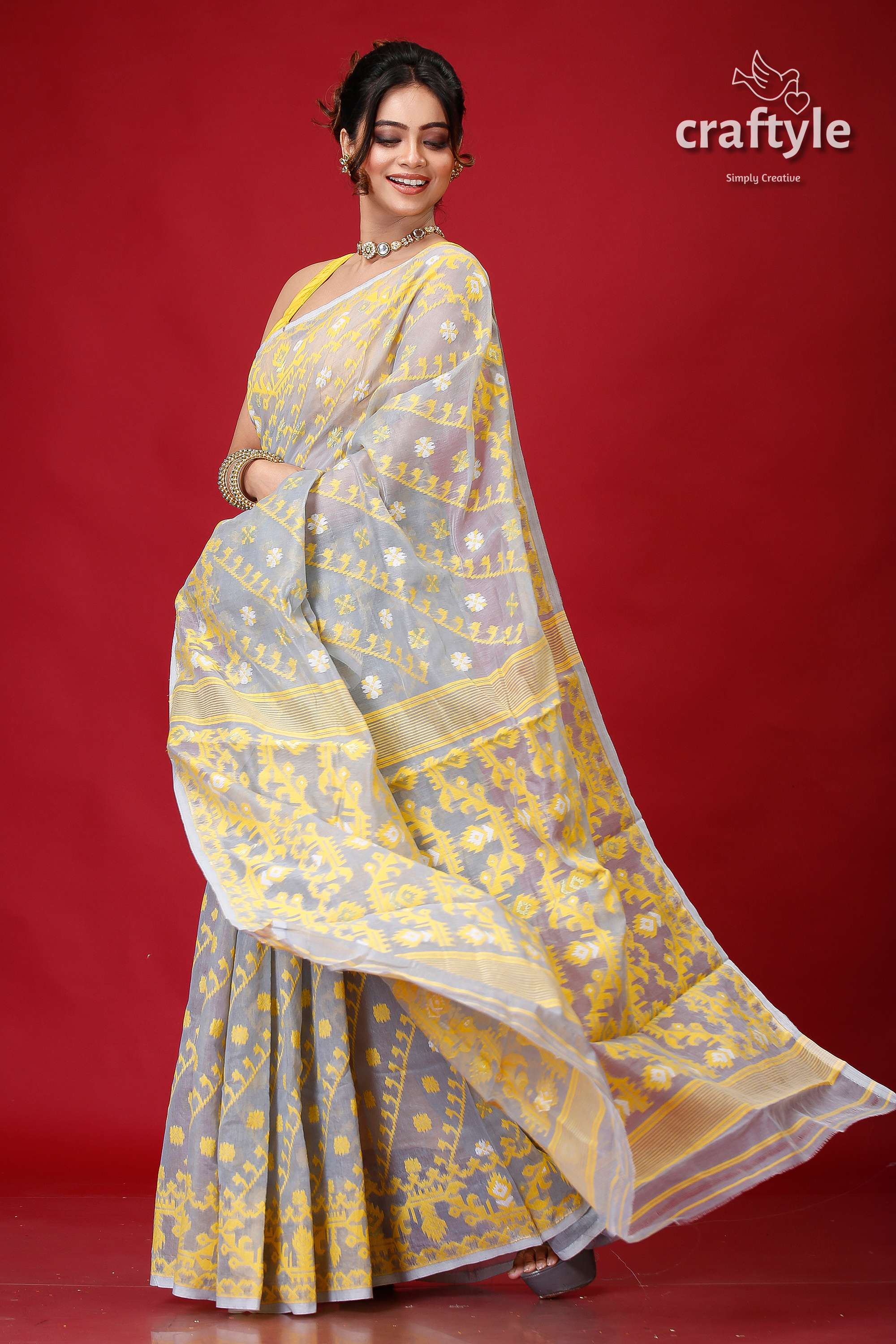 Cadet Grey Festive Soft Jamdani Sari-Craftyle
