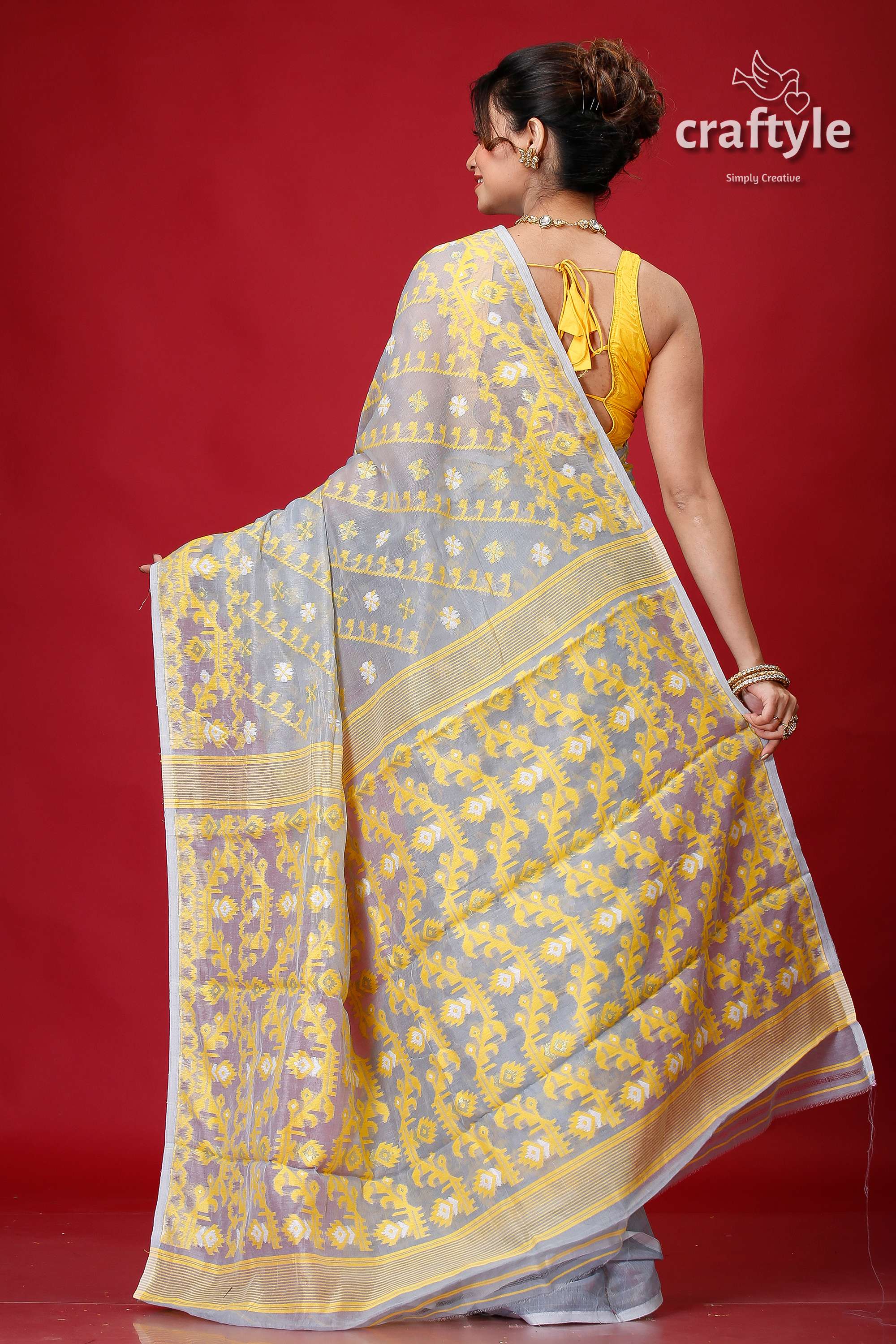 Cadet Grey Festive Soft Jamdani Sari-Craftyle