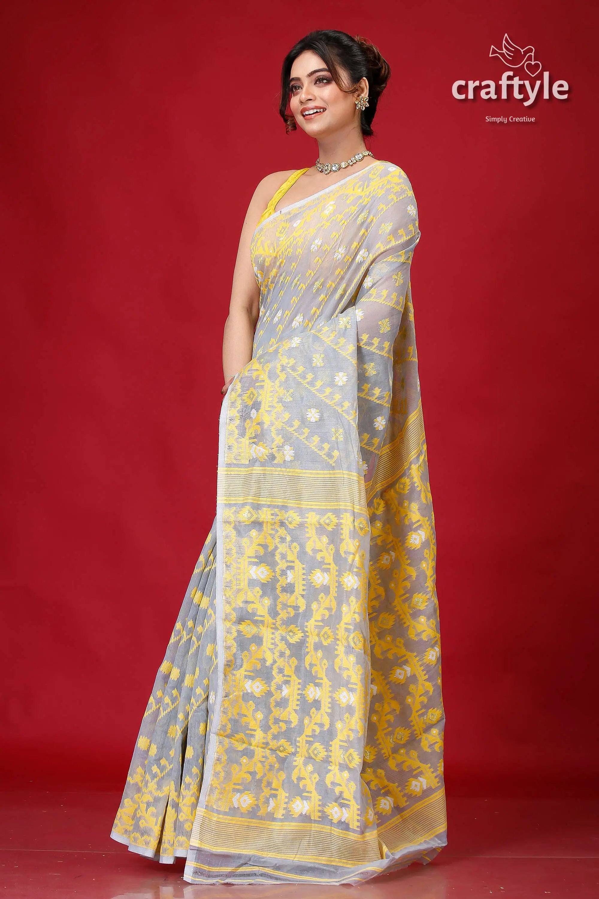 Cadet grey festive soft jamdani sari woman gray yellow saree 3