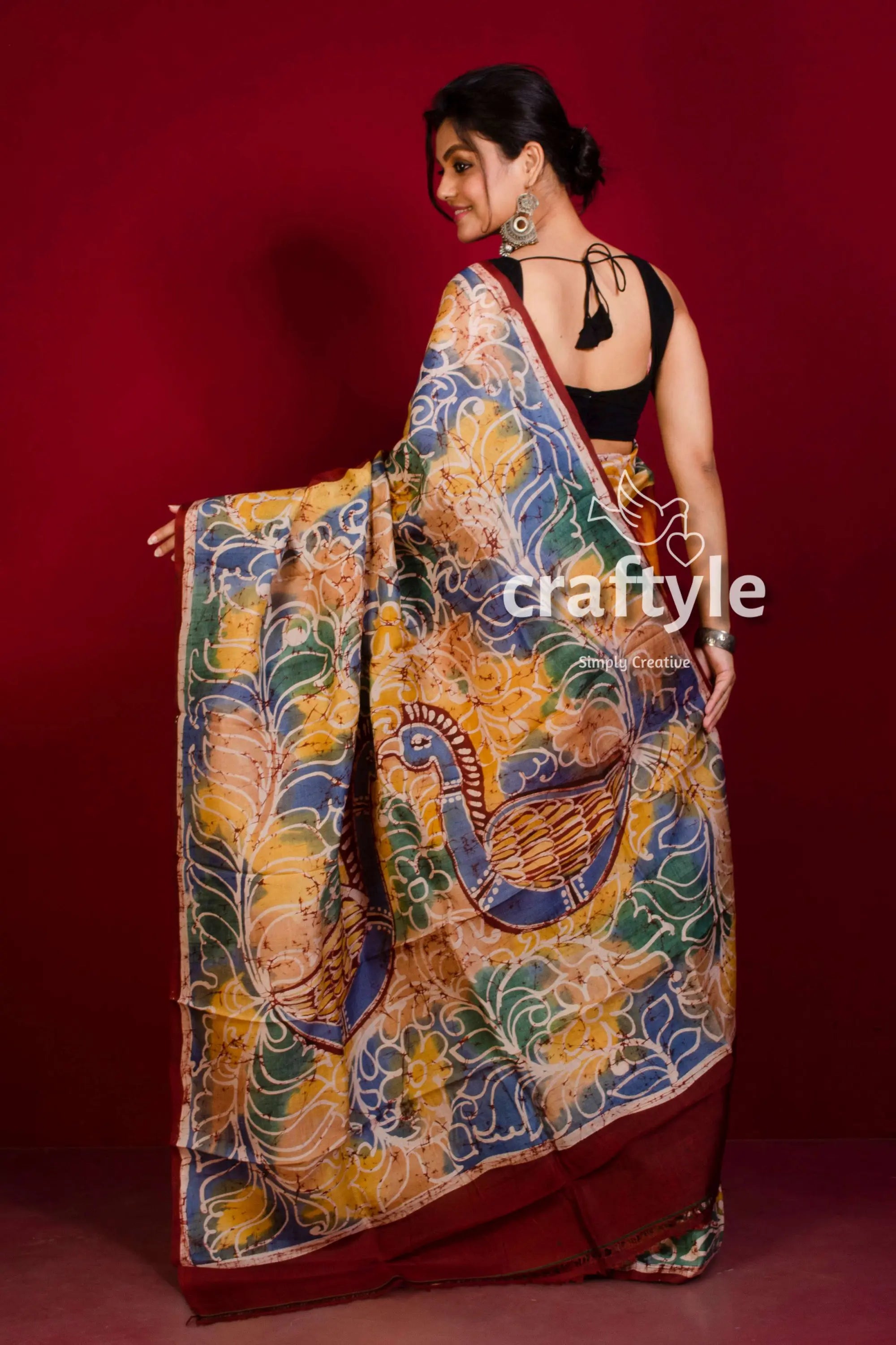 Cadmium orange handcrafted batik silk saree - pure mulberry hand-painted silk saree peacock motif 4