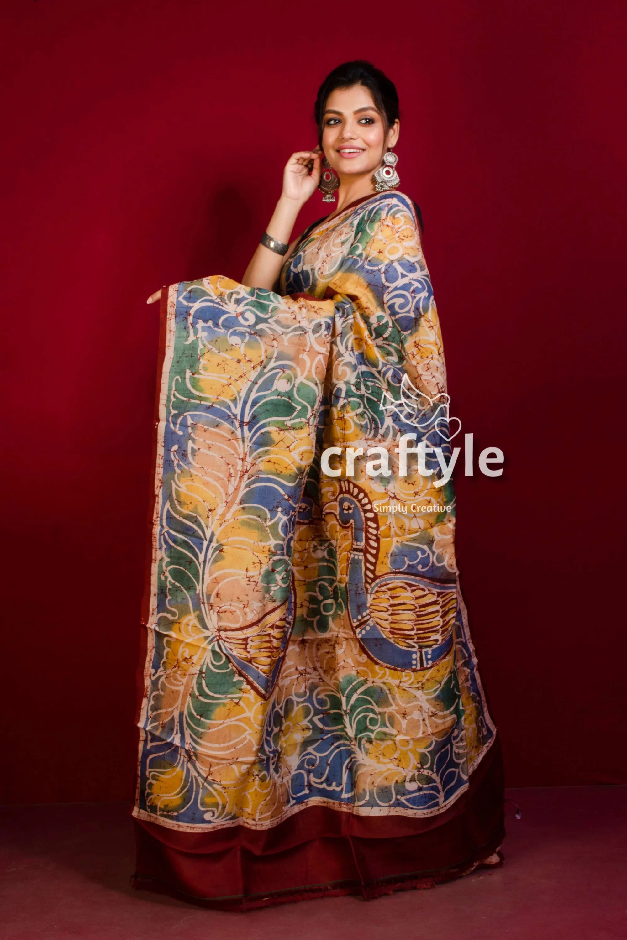 Cadmium orange handcrafted batik silk saree - pure mulberry woman batik-printed saree 3