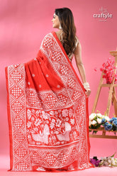 Cadmium red white thread work silk kantha saree red white patterned cotton saree 5
